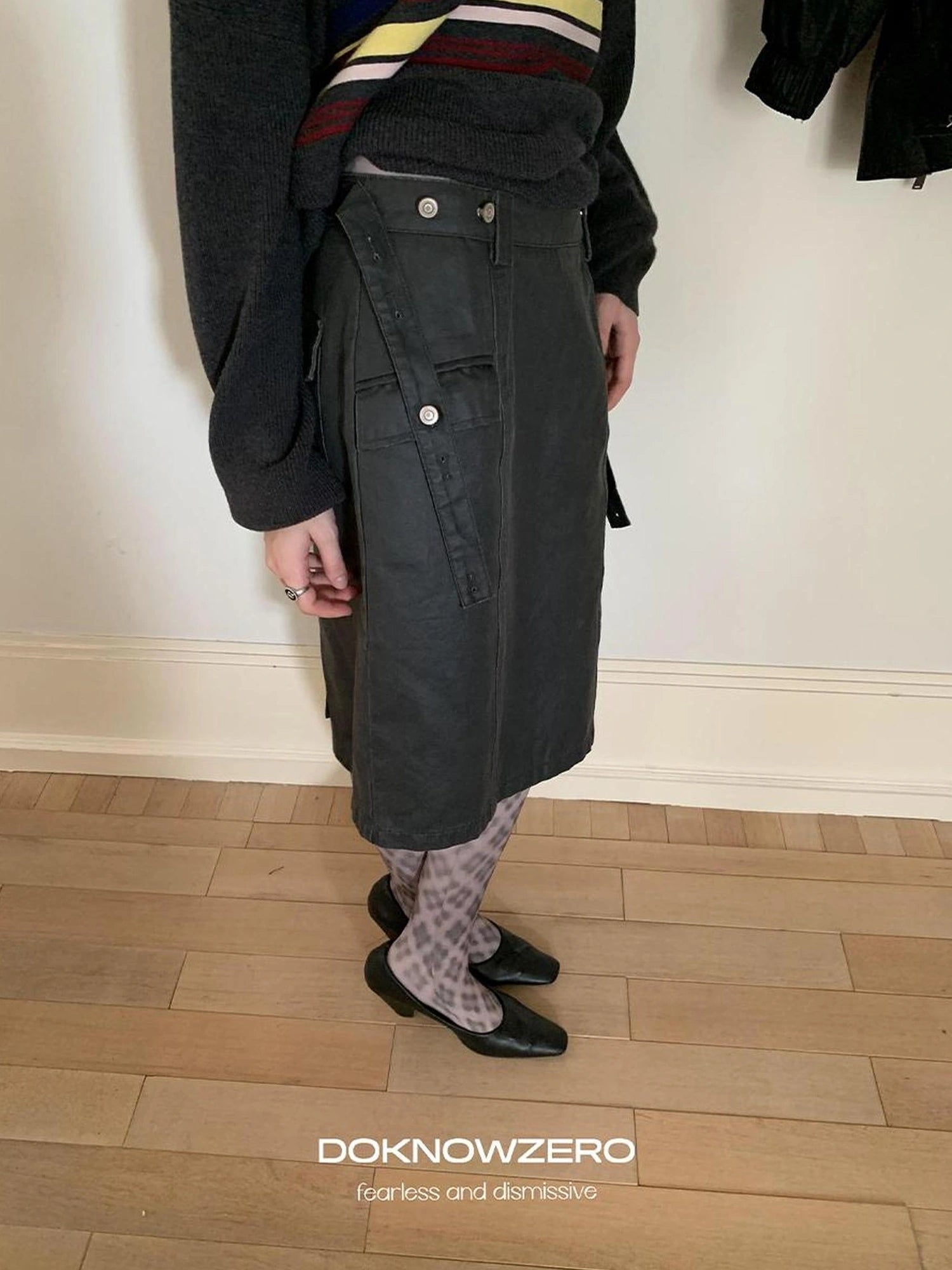 Gray Wax Dye Straight Denim Skirt