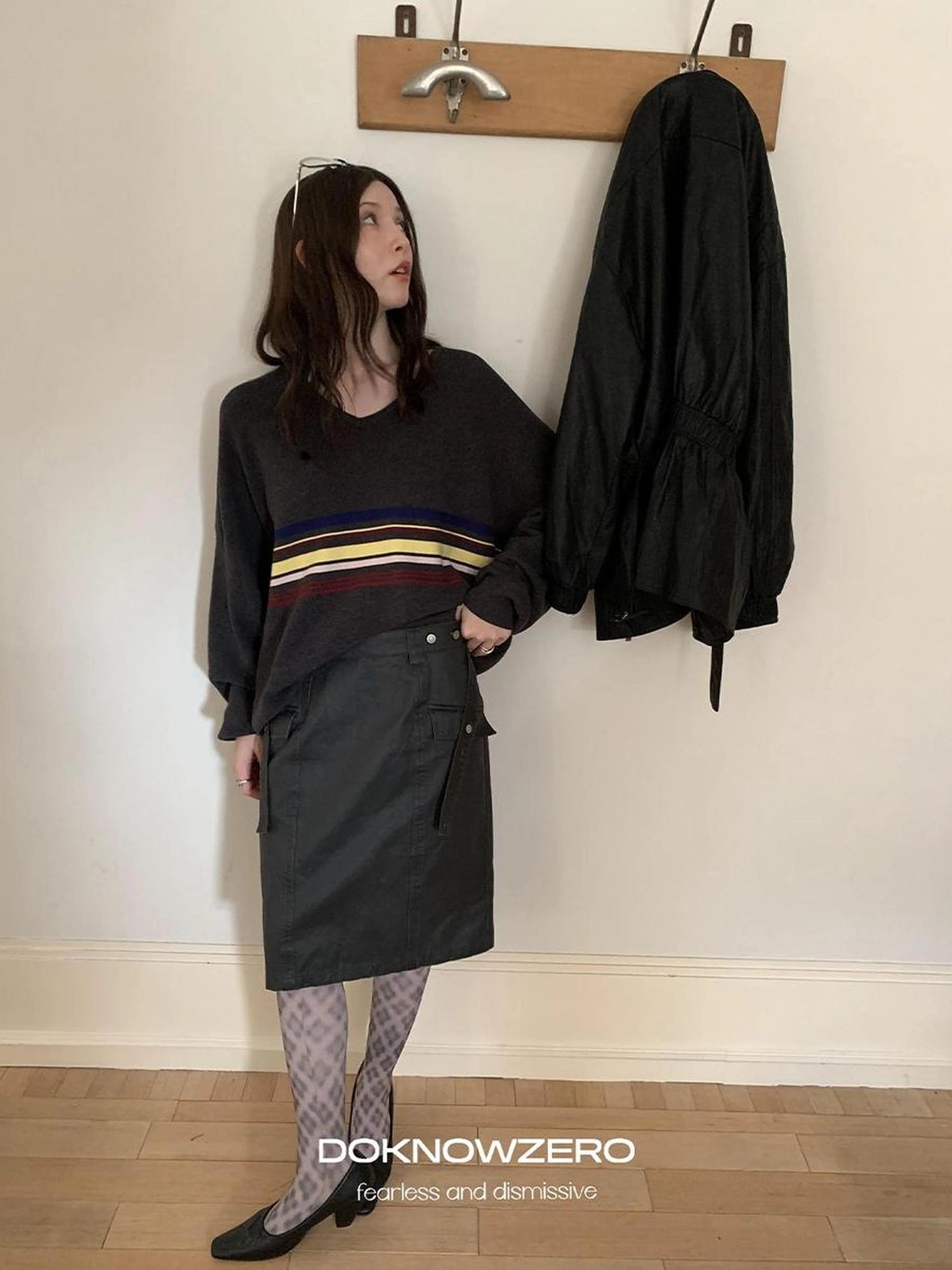 Gray Wax Dye Straight Denim Skirt