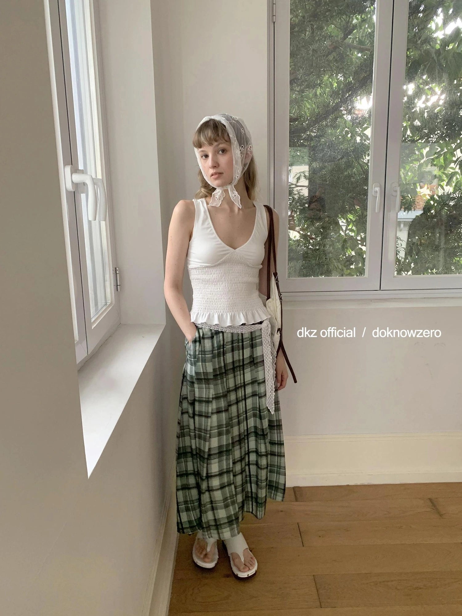 DKZ OFFICIAL Green Checkered Lace Tie Maxi Skirt