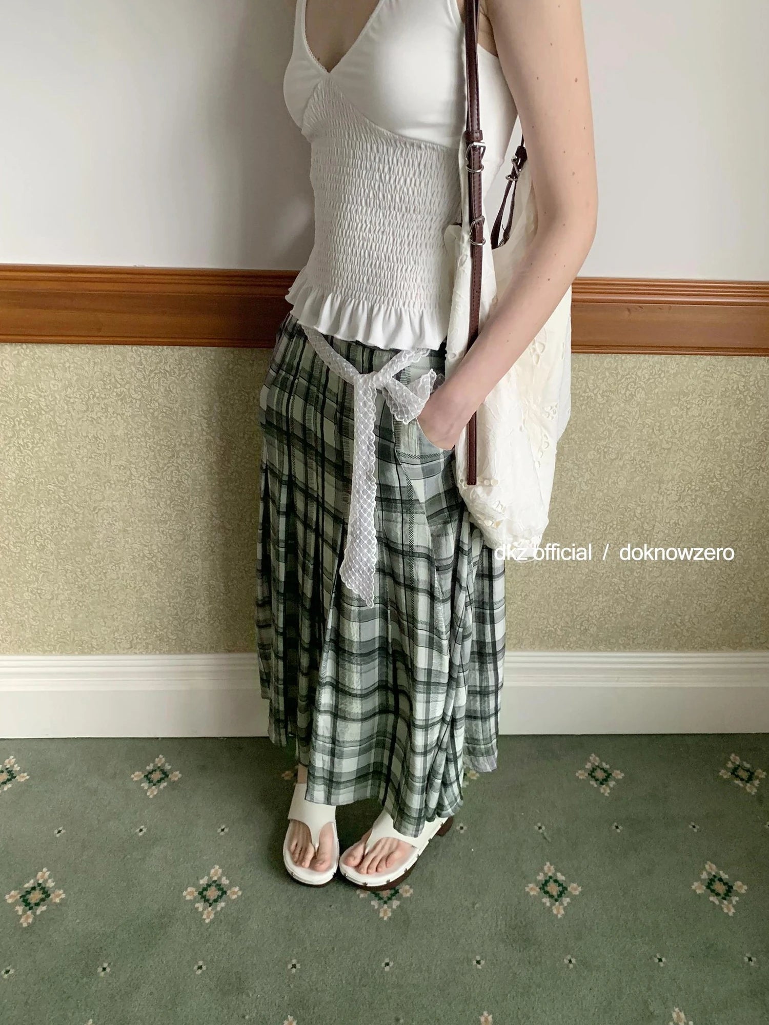 DKZ OFFICIAL Green Checkered Lace Tie Maxi Skirt