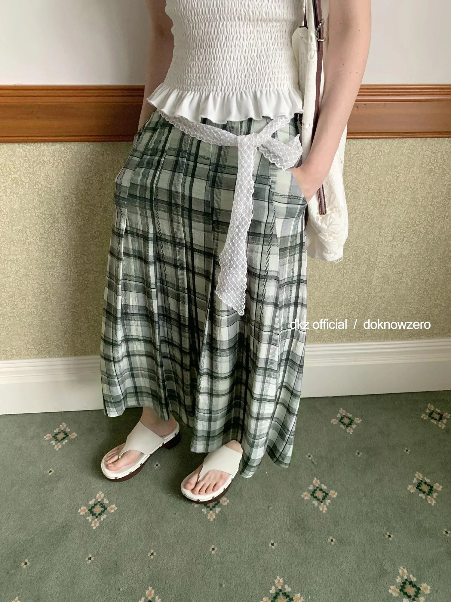 DKZ OFFICIAL Green Checkered Lace Tie Maxi Skirt