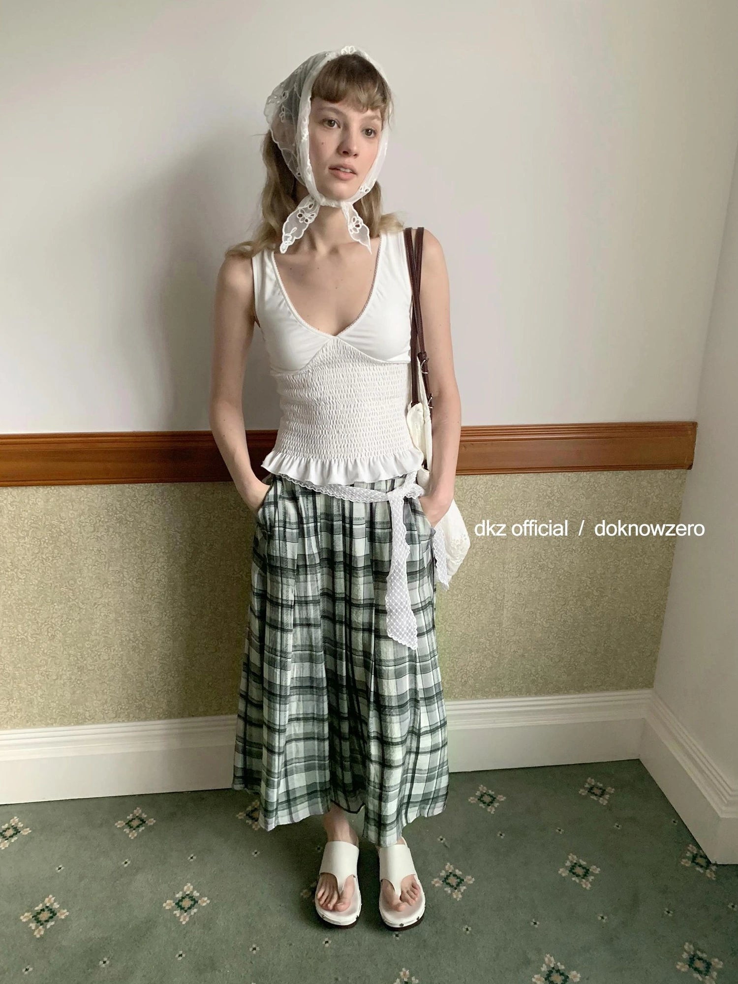 DKZ OFFICIAL Green Checkered Lace Tie Maxi Skirt