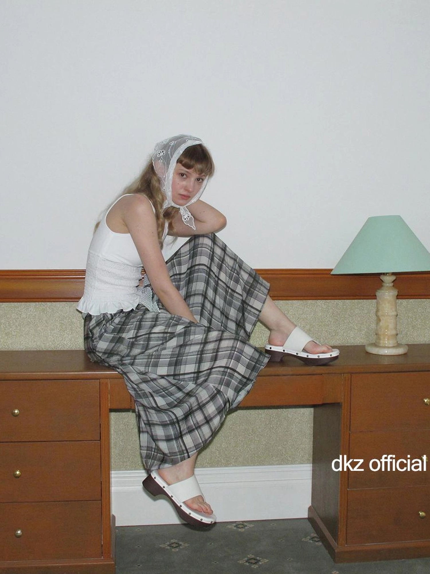 DKZ OFFICIAL Green Checkered Lace Tie Maxi Skirt
