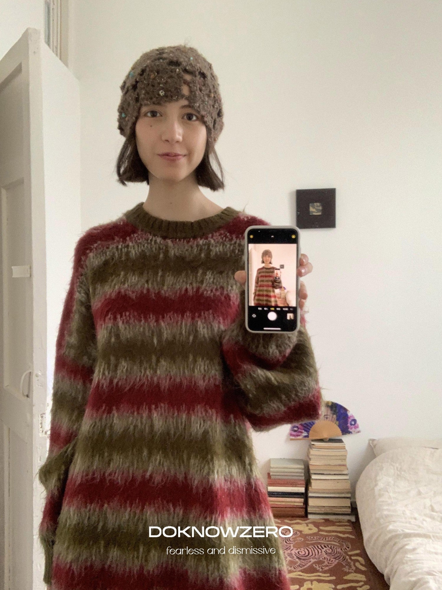 DKZ OFFICIAL Green Colorblock Striped Crewneck Loose Knit Women&