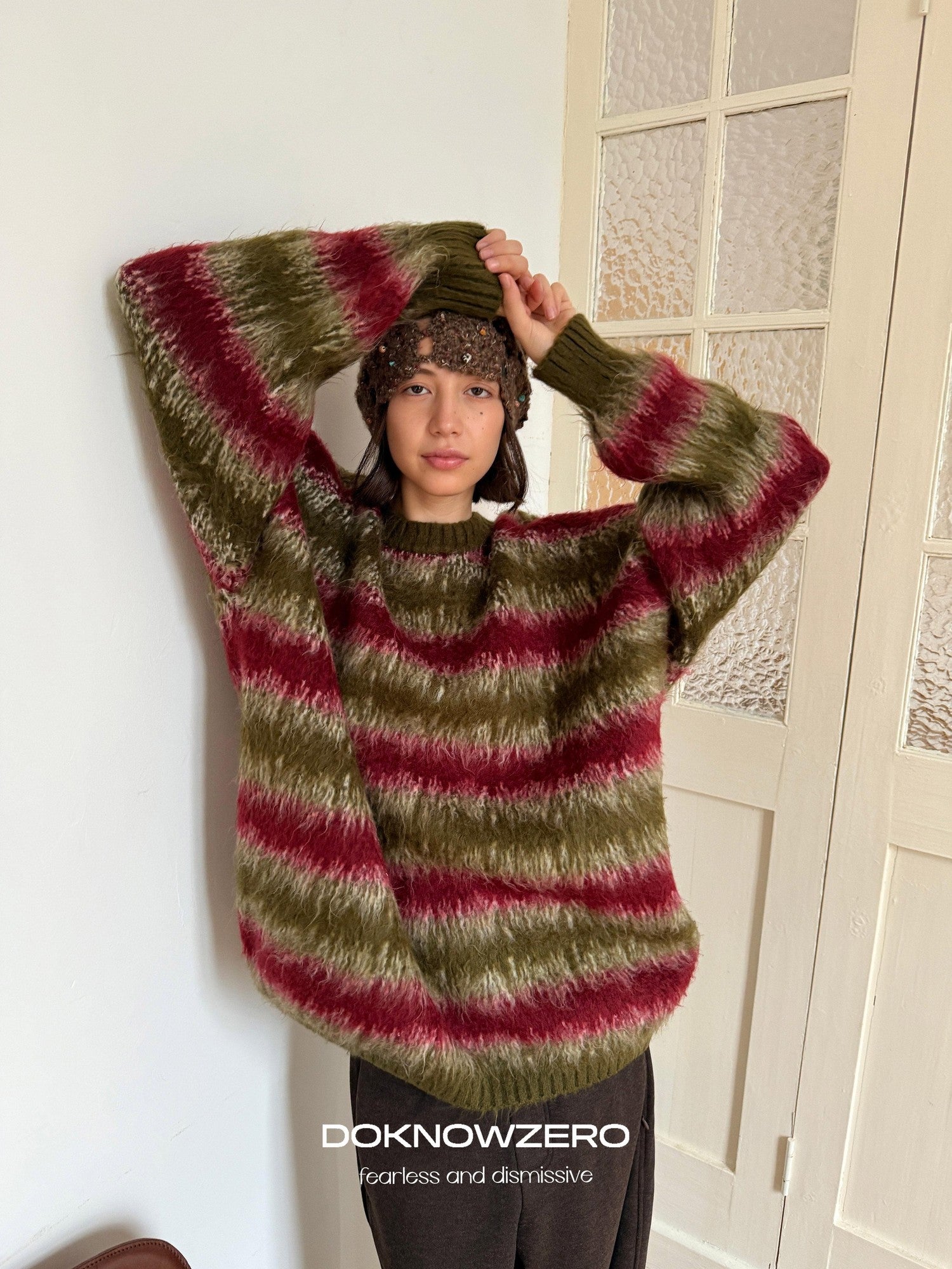 DKZ OFFICIAL Green Colorblock Striped Crewneck Loose Knit Women&