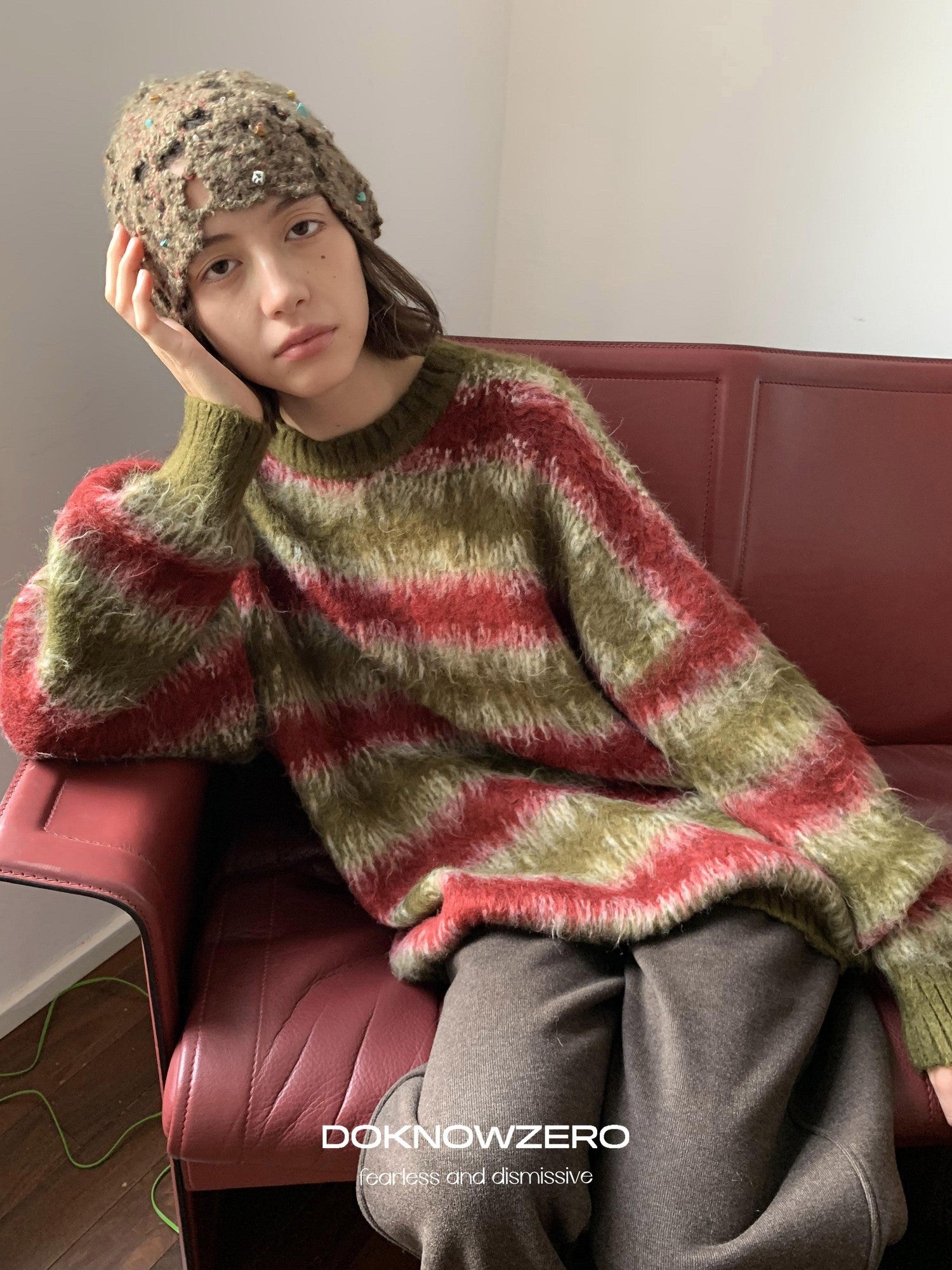 DKZ OFFICIAL Green Colorblock Striped Crewneck Loose Knit Women&