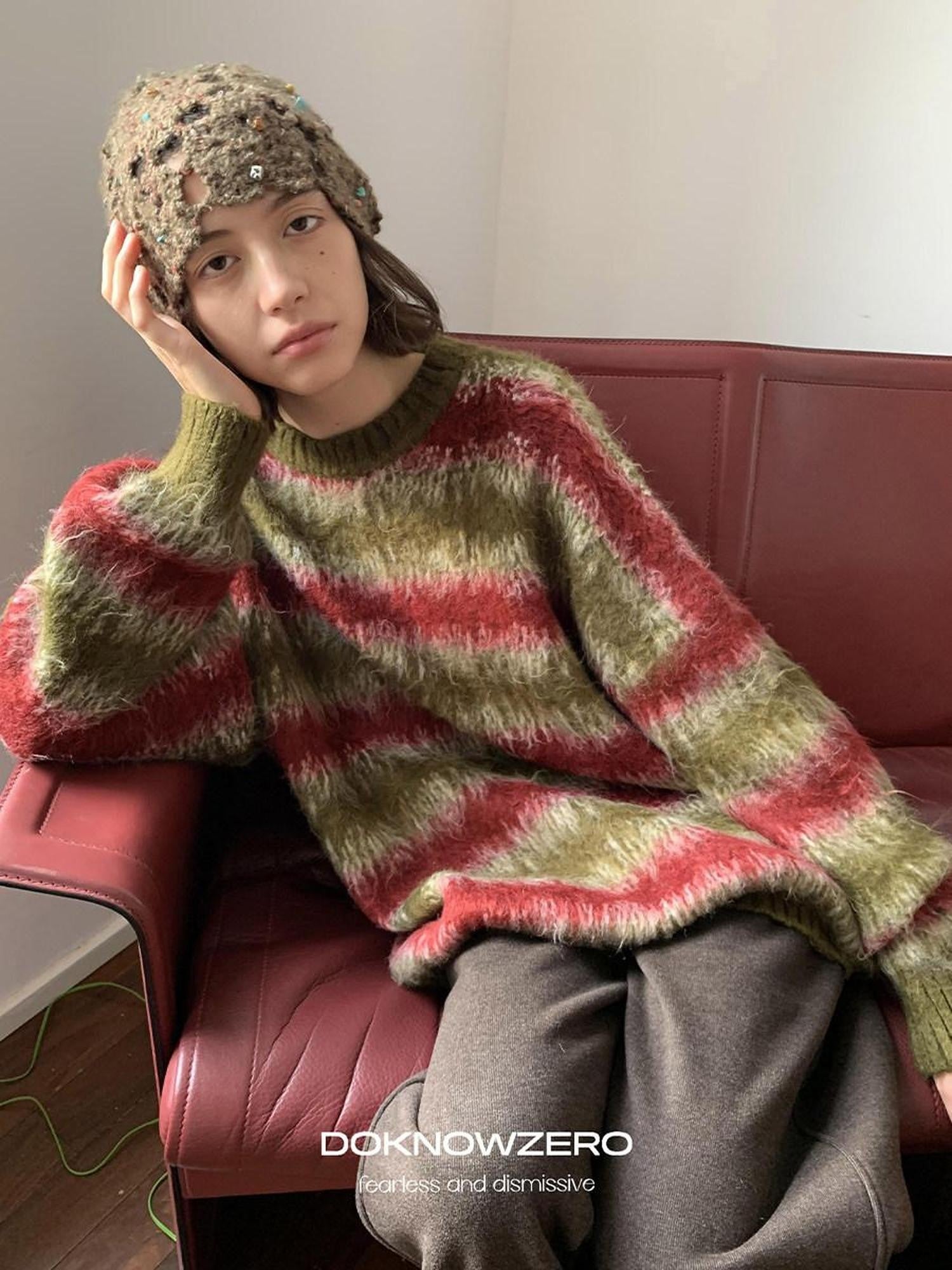 DKZ OFFICIAL Green Colorblock Striped Crewneck Loose Knit Women&