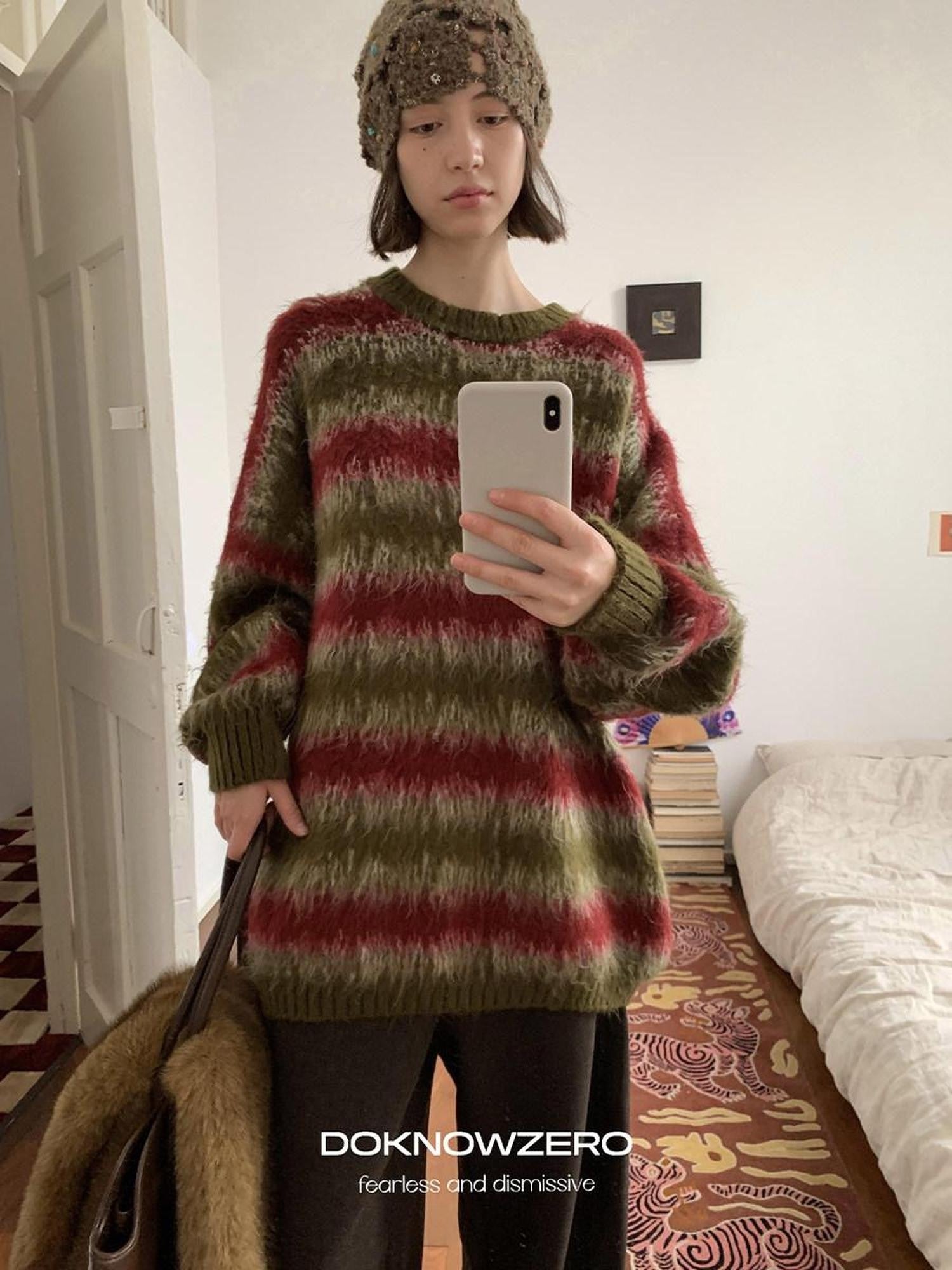 DKZ OFFICIAL Green Colorblock Striped Crewneck Loose Knit Women&
