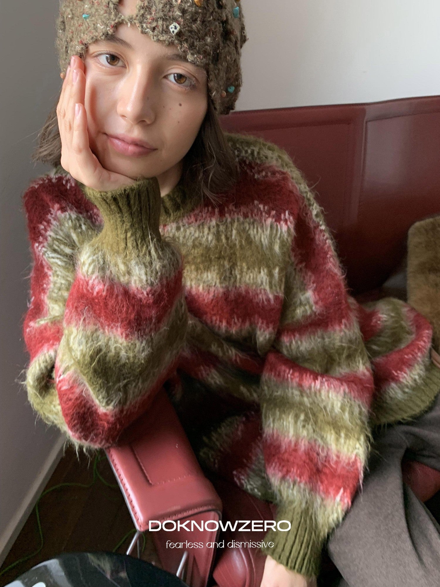 DKZ OFFICIAL Green Colorblock Striped Crewneck Loose Knit Women&