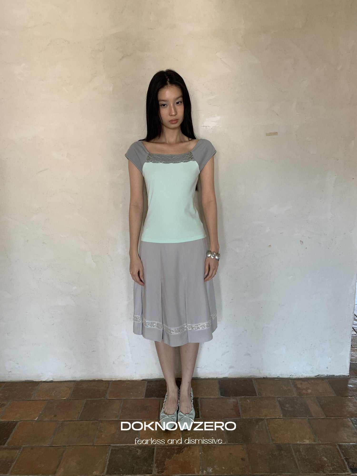 DKZ OFFICIAL Green Lace Spliced Bateau Neck Women&