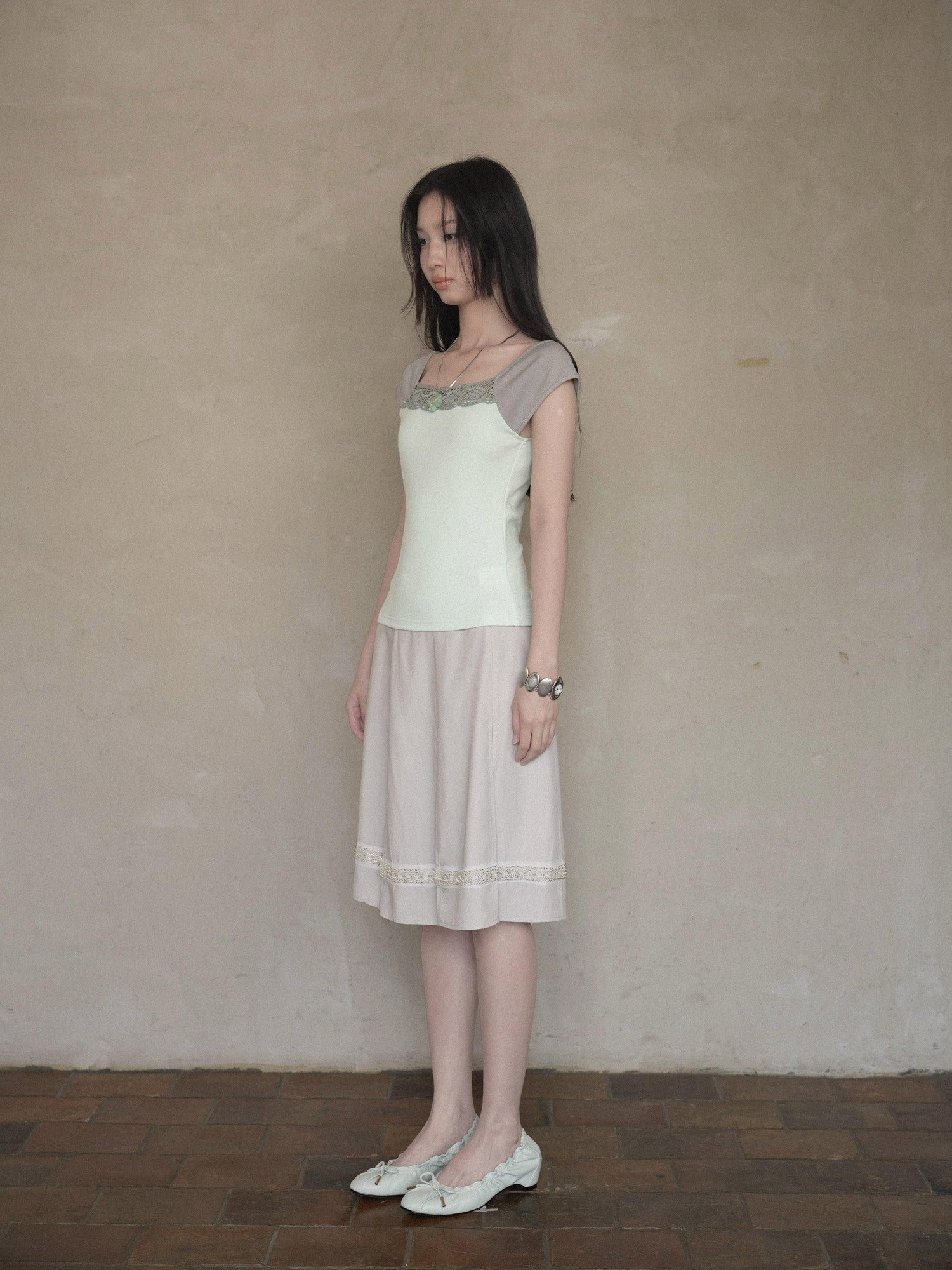 DKZ OFFICIAL Green Lace Spliced Bateau Neck Women&