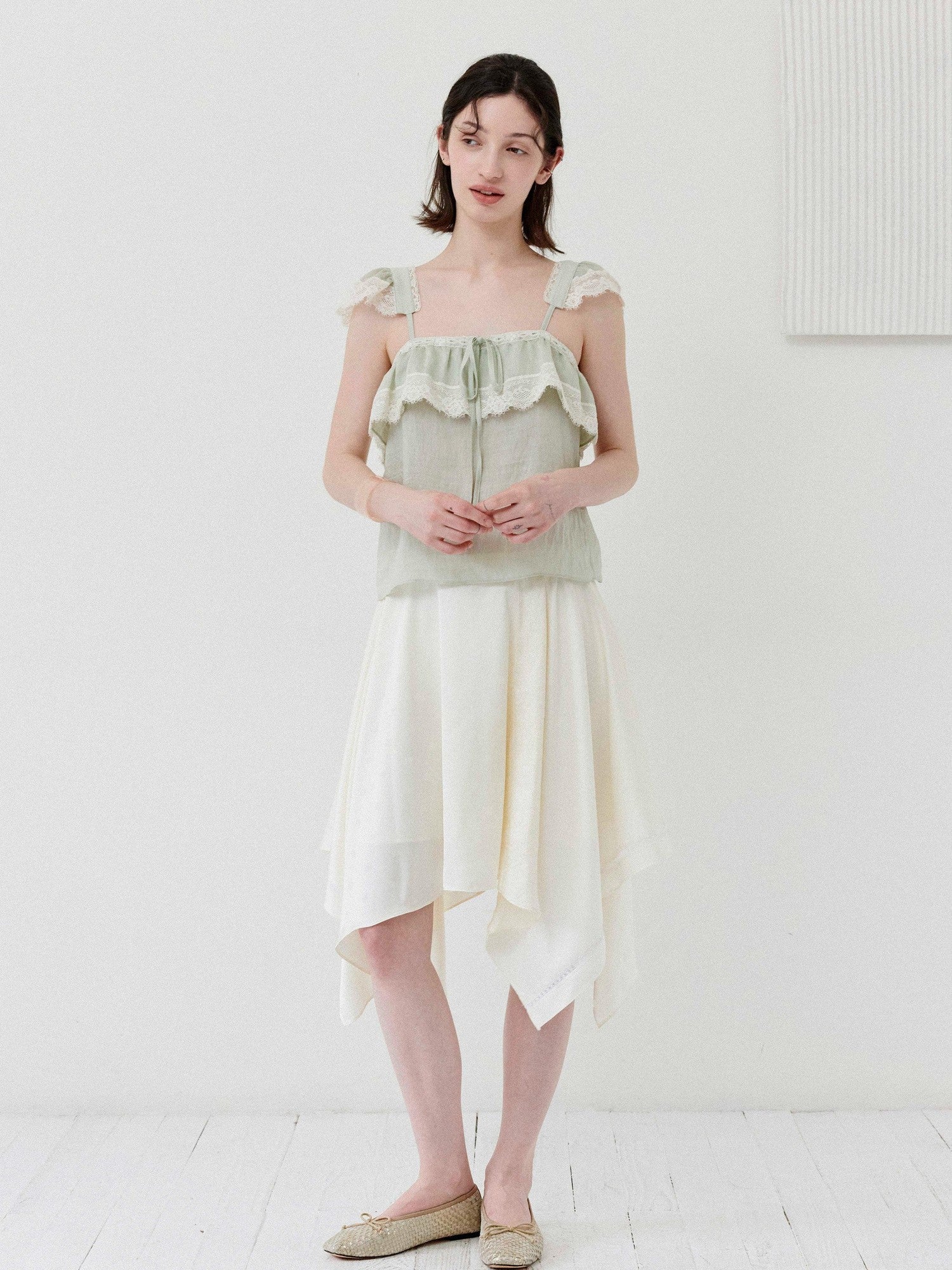 DKZ OFFICIAL Green Ruffle Sleeve Lace Splice Women&