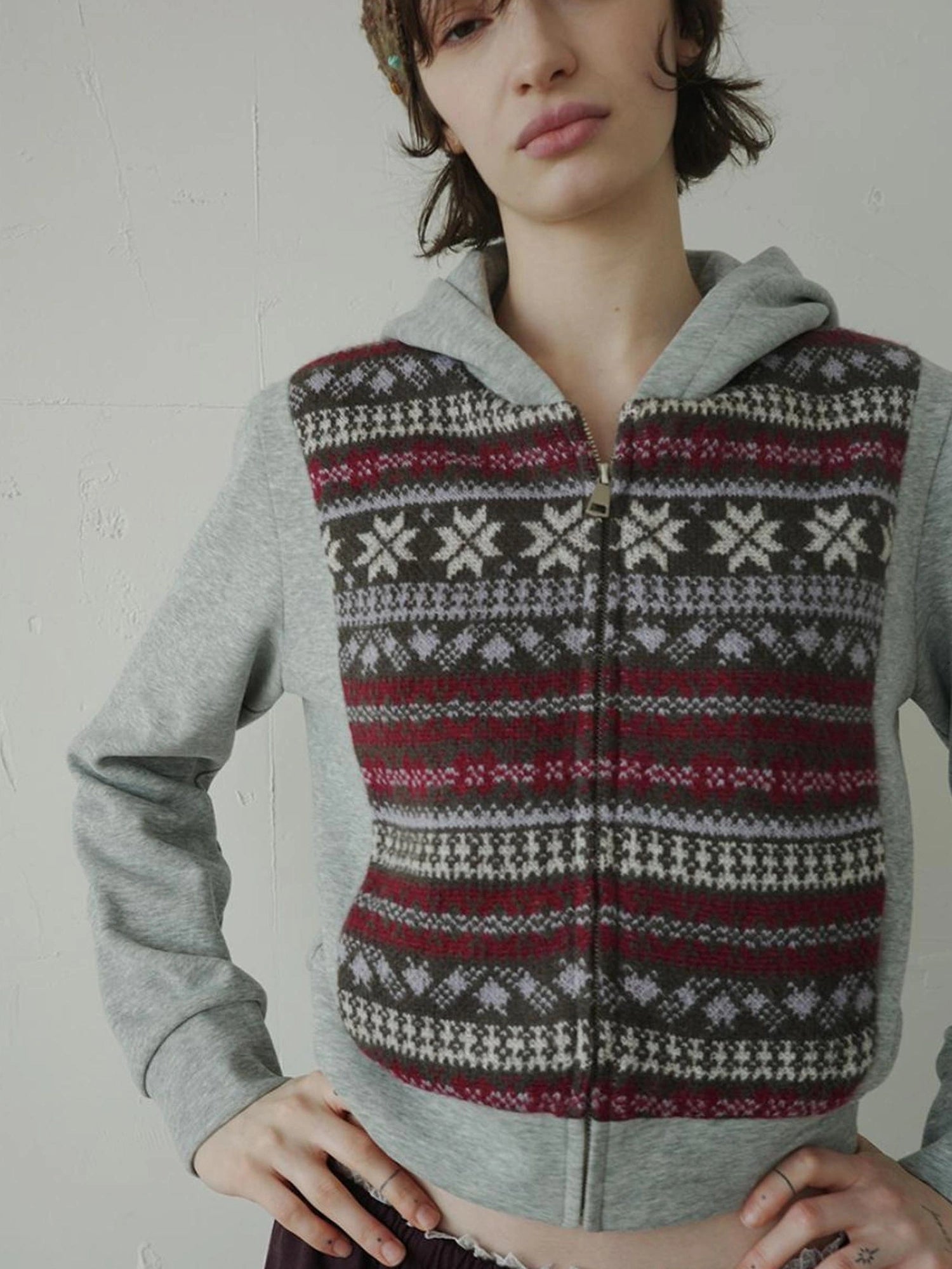 DKZ OFFICIAL Grey Fair Isle Print Sweatshirt Cardigan For Women