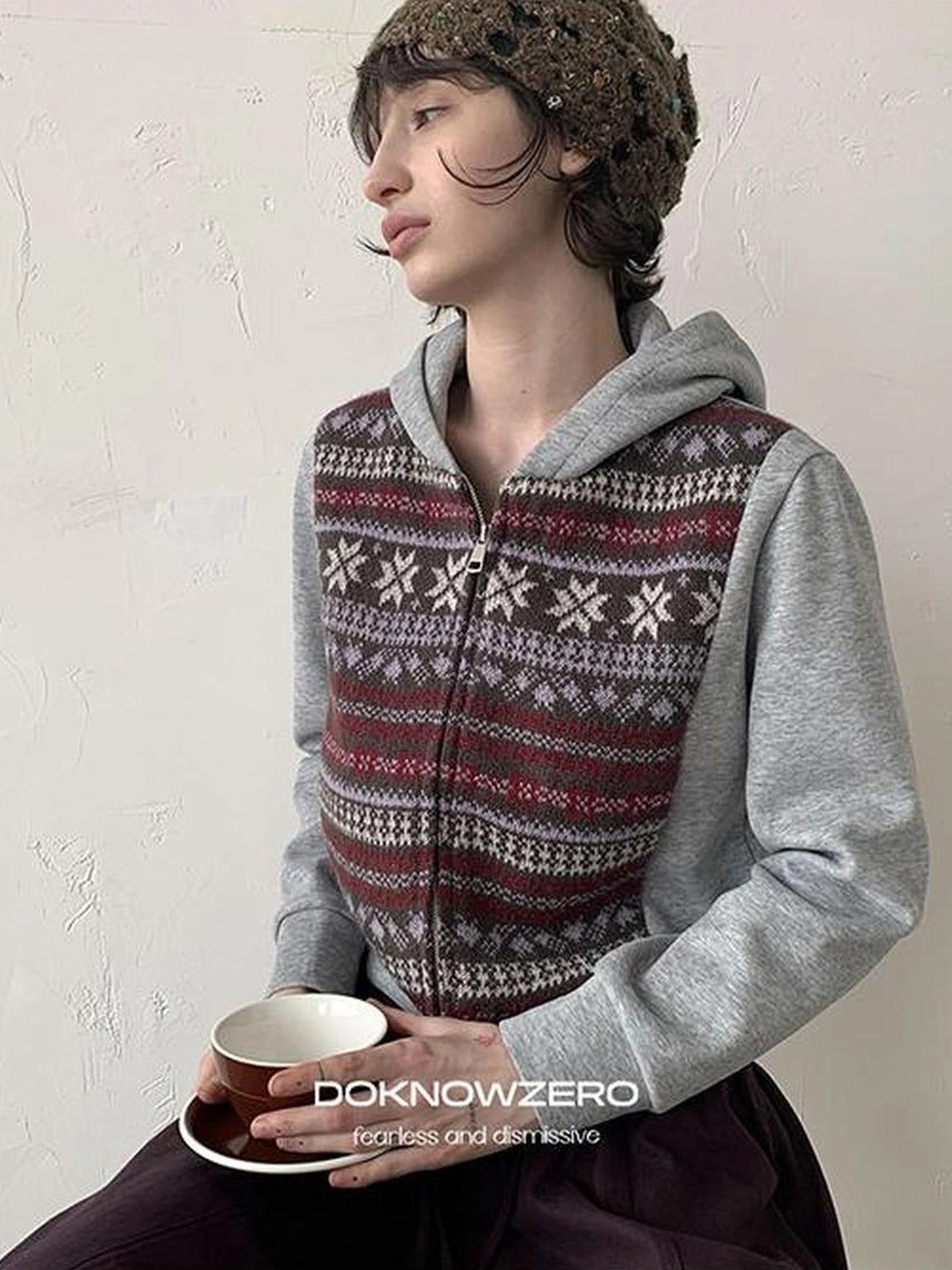 DKZ OFFICIAL Grey Fair Isle Print Sweatshirt Cardigan For Women