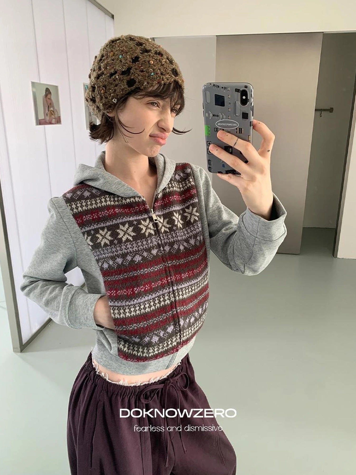 DKZ OFFICIAL Grey Fair Isle Print Sweatshirt Cardigan For Women