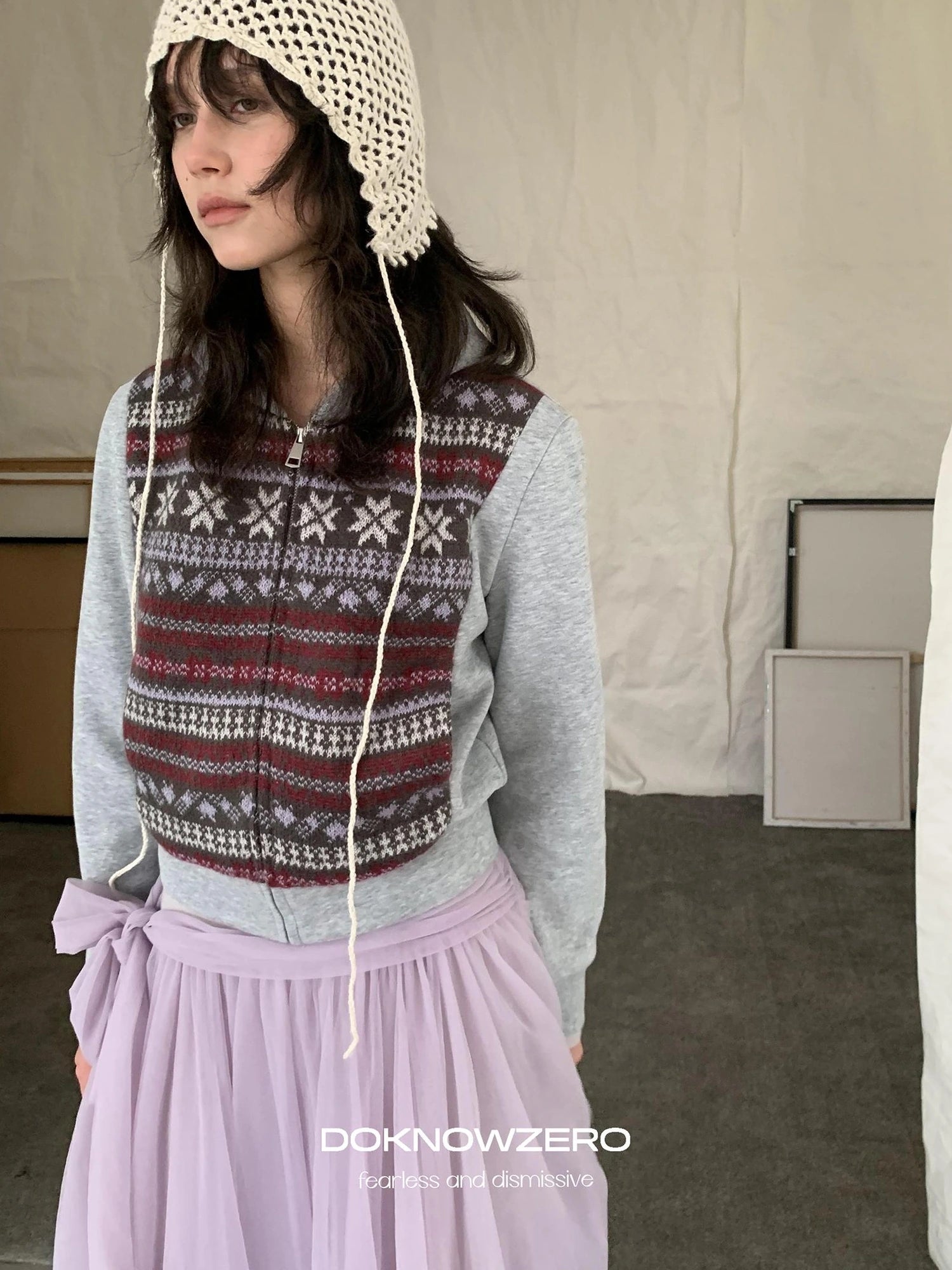 DKZ OFFICIAL Grey Fair Isle Print Sweatshirt Cardigan For Women