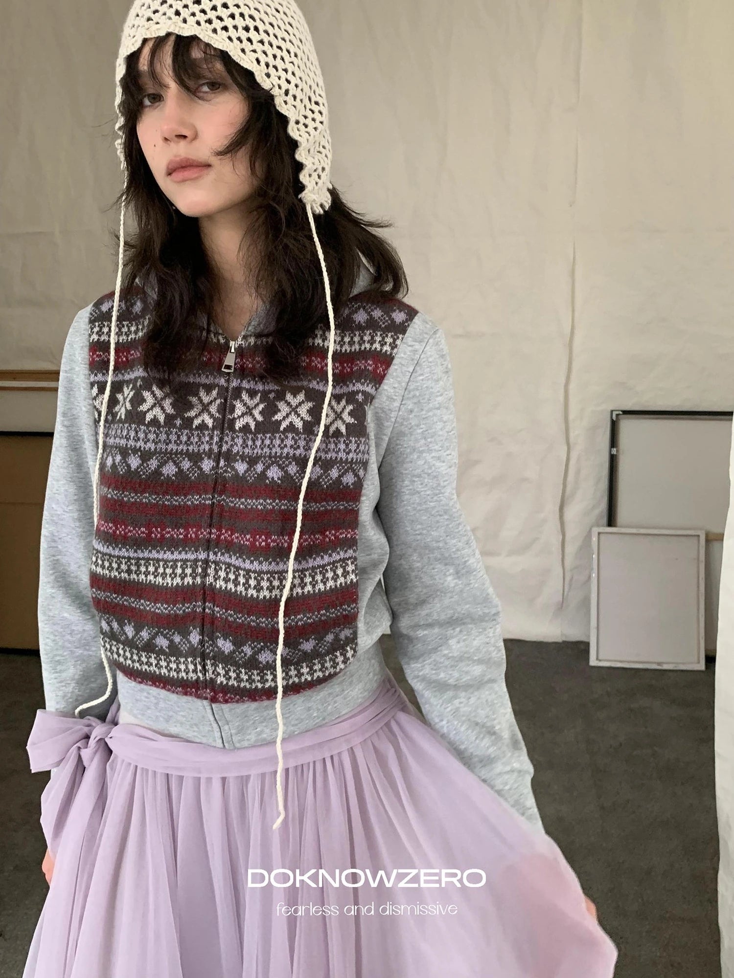 DKZ OFFICIAL Grey Fair Isle Print Sweatshirt Cardigan For Women