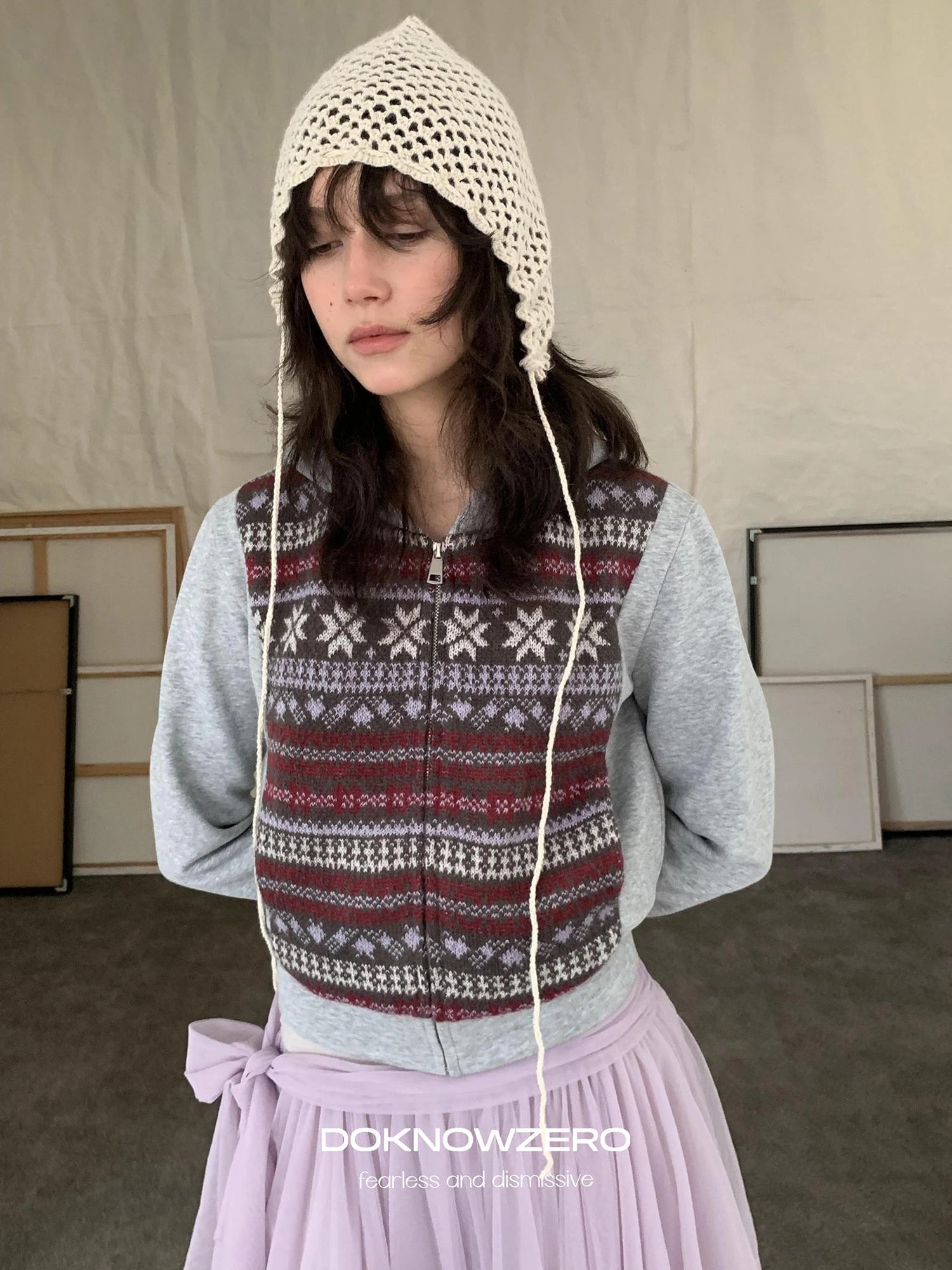 DKZ OFFICIAL Grey Fair Isle Print Sweatshirt Cardigan For Women