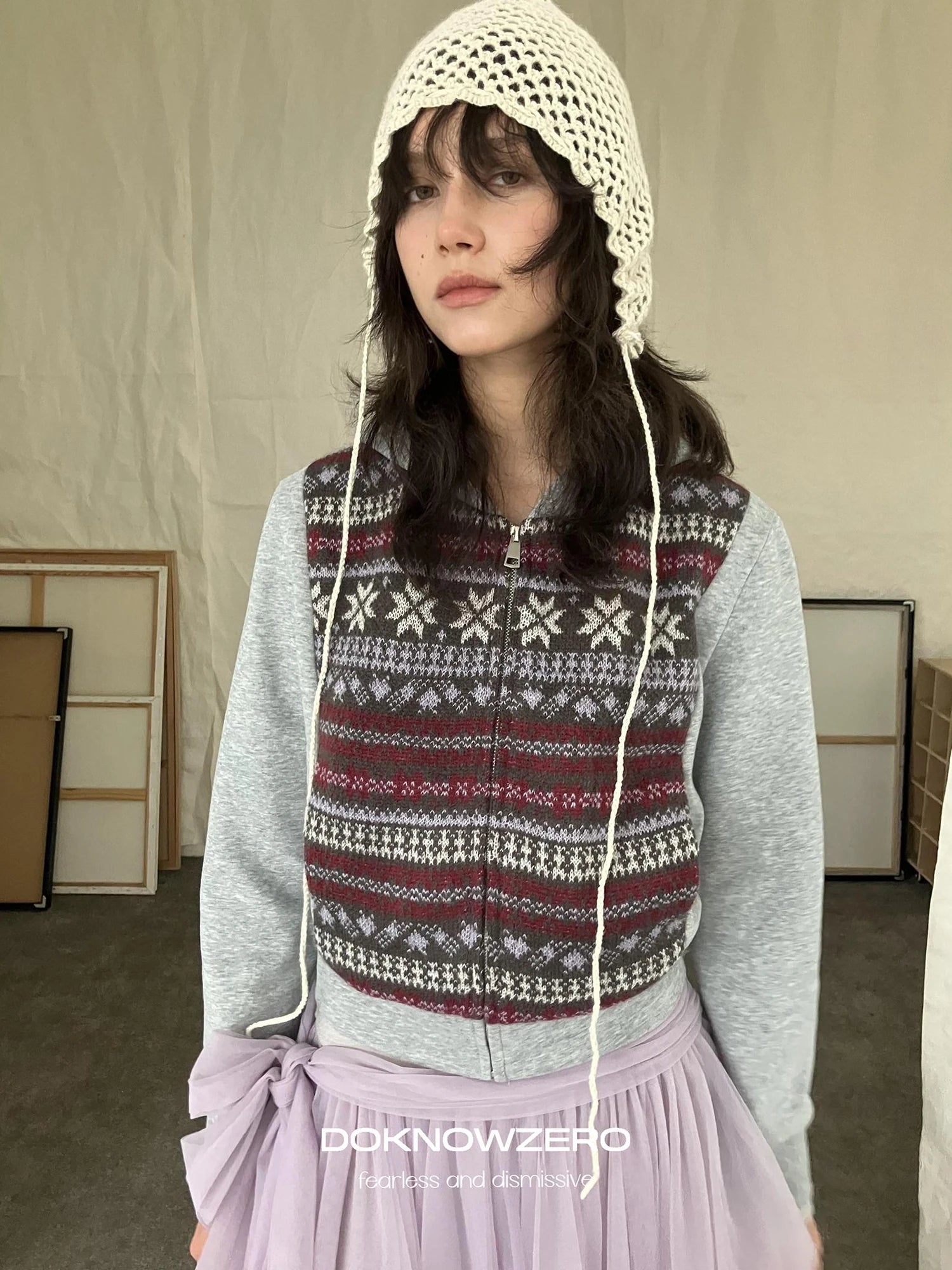 DKZ OFFICIAL Grey Fair Isle Print Sweatshirt Cardigan For Women