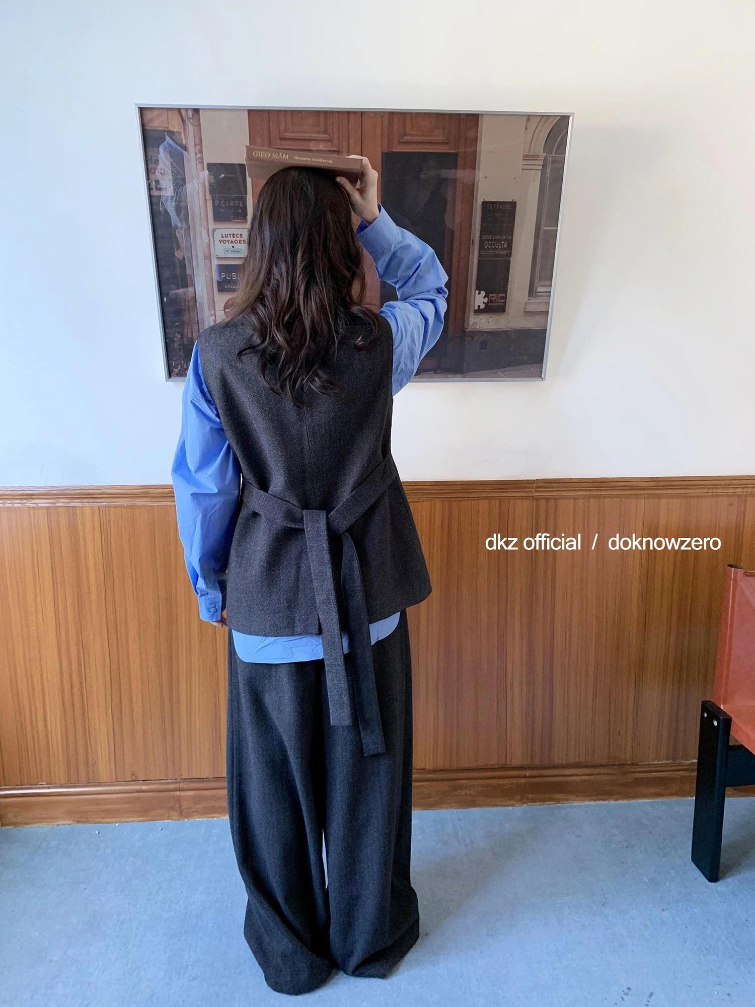 DKZ OFFICIAL Grey Herringbone Wool Blend Wide Leg Trousers