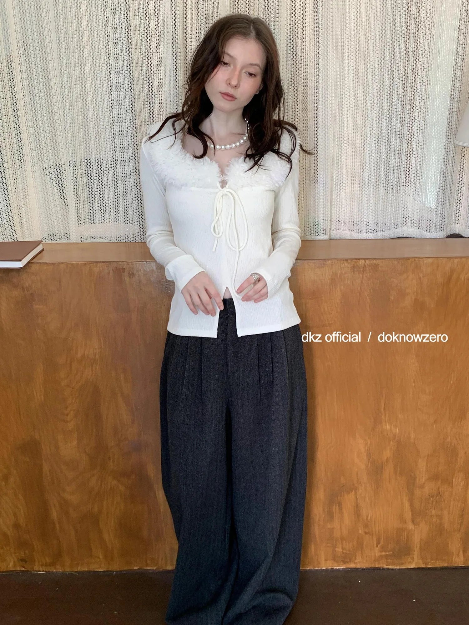 DKZ OFFICIAL Grey Herringbone Wool Blend Wide Leg Trousers