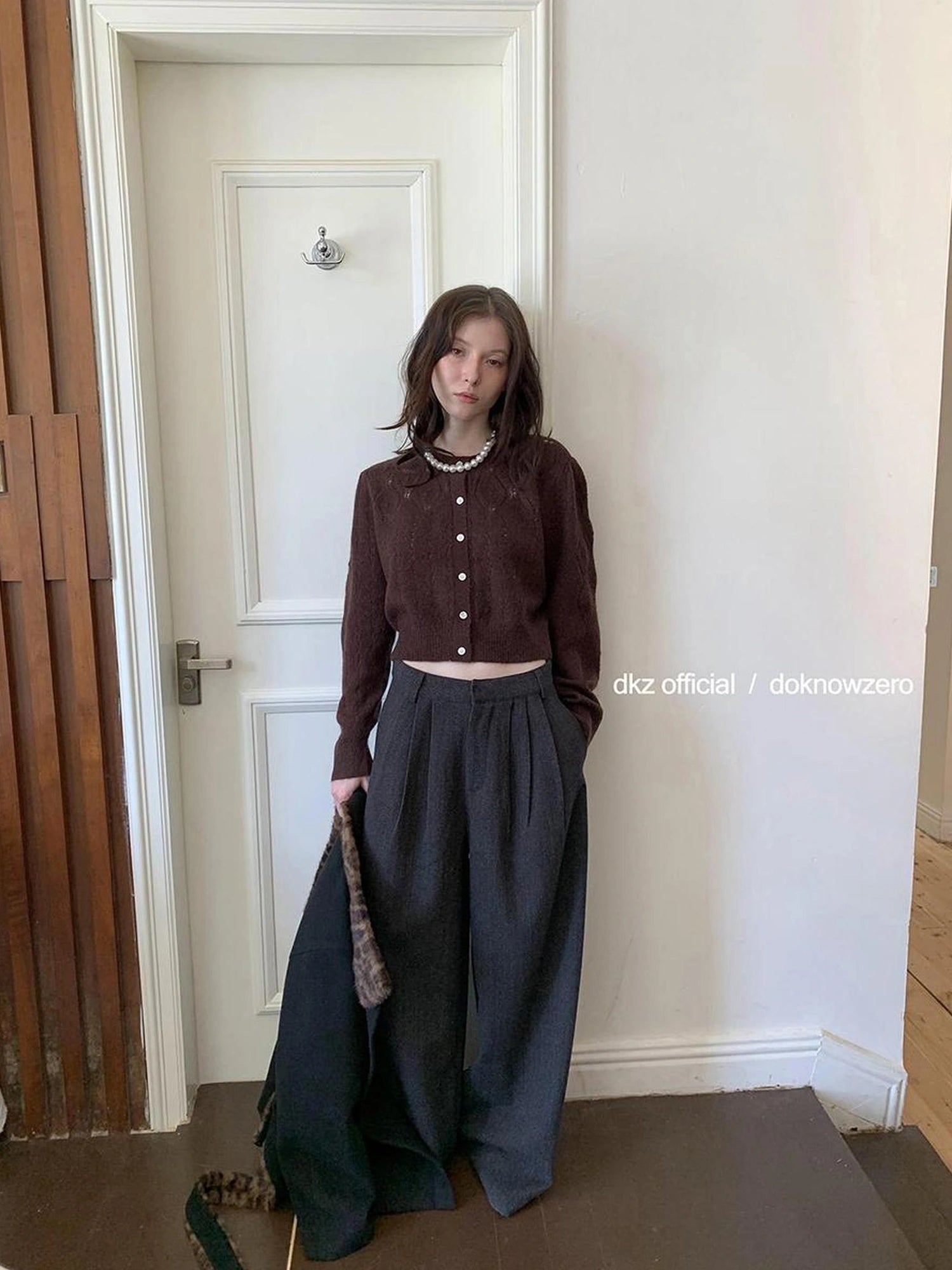DKZ OFFICIAL Grey Herringbone Wool Blend Wide Leg Trousers