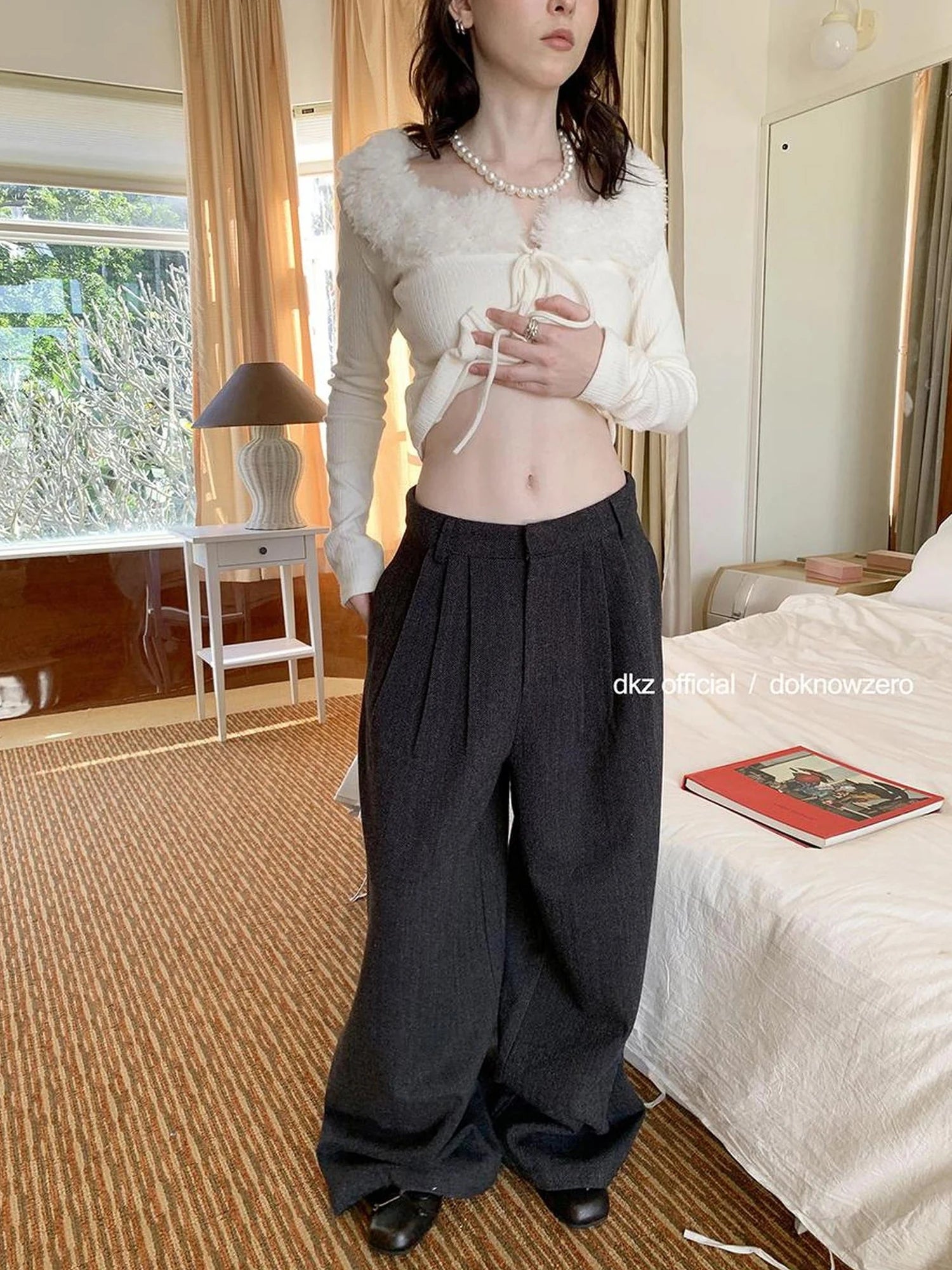 DKZ OFFICIAL Grey Herringbone Wool Blend Wide Leg Trousers