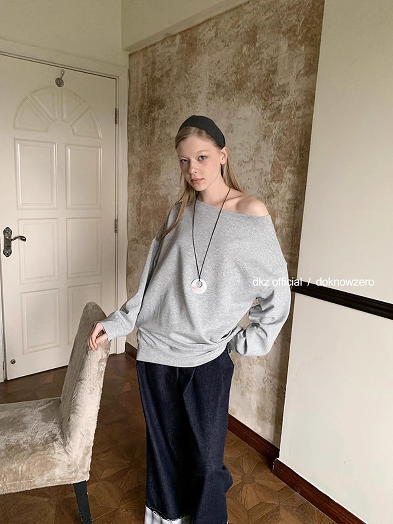 DKZ_OFFICIAL_Grey_Off_Shoulder_Sweatshirt_For_Women_Basic_Fall_Casual_Top_MISSTT