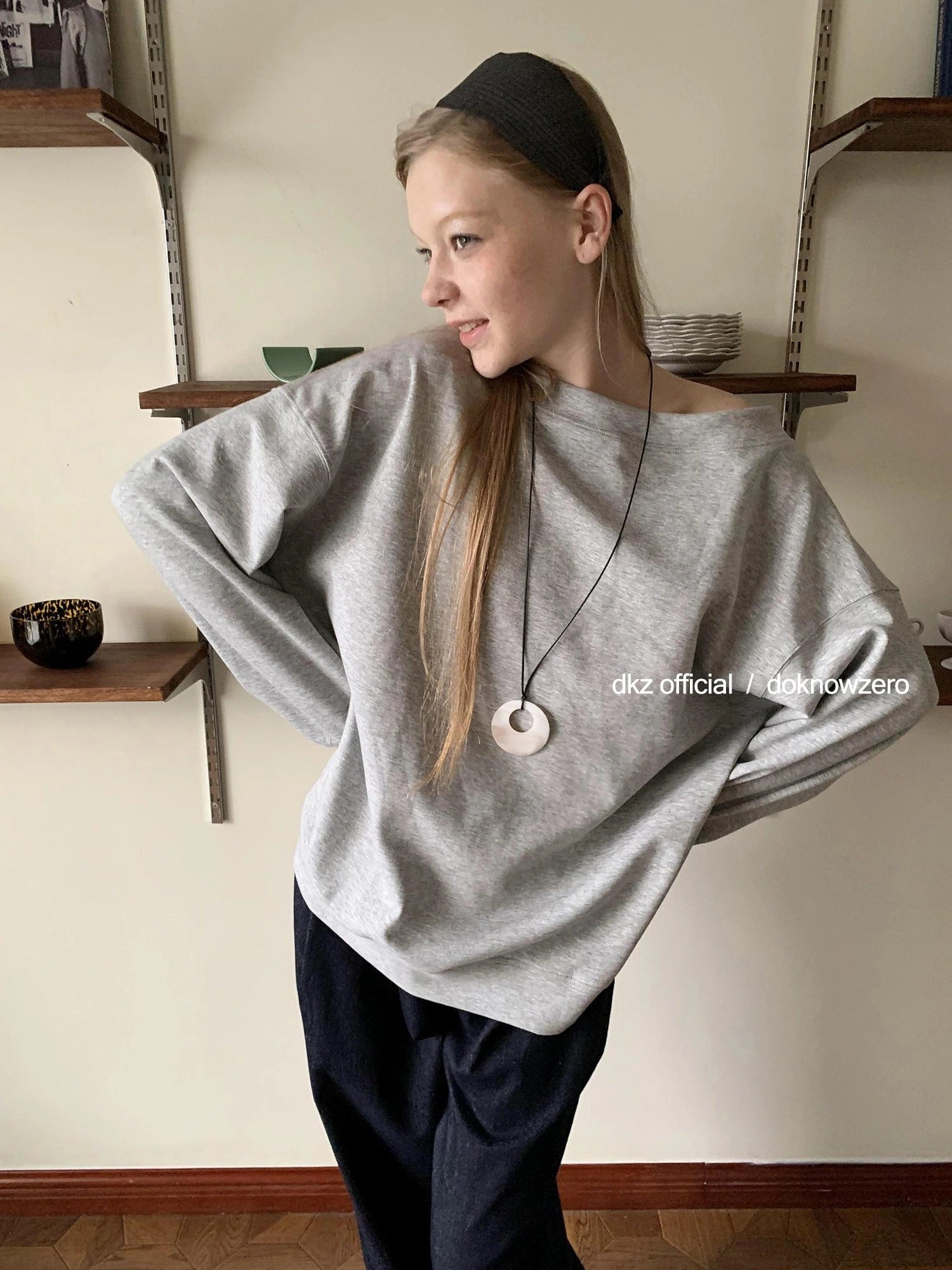 DKZ OFFICIAL Grey Off Shoulder Sweatshirt For Women Basic Fall Casual Top