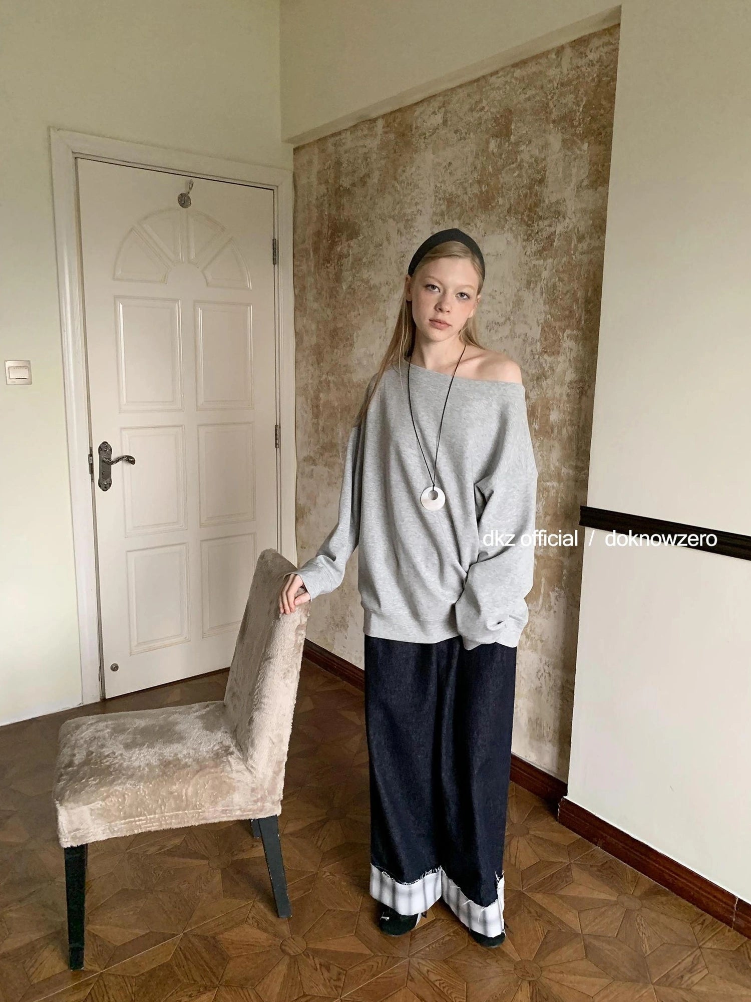 DKZ OFFICIAL Grey Off Shoulder Sweatshirt For Women Basic Fall Casual Top