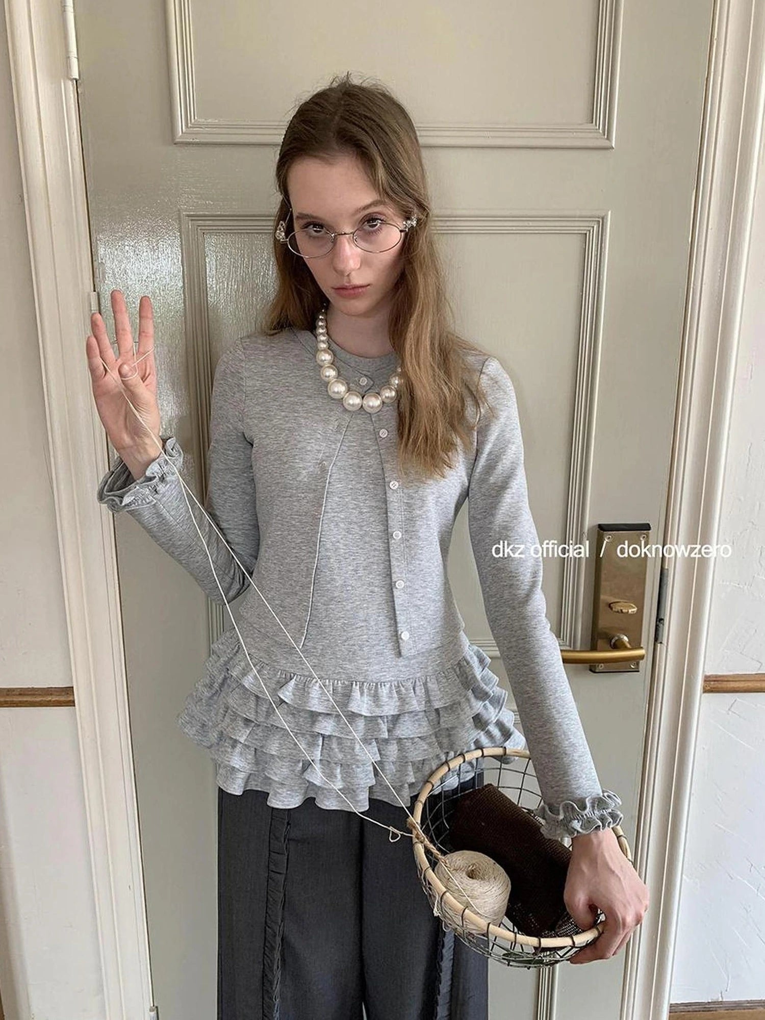 DKZ OFFICIAL Grey Peplum Hem Knit Cardigan Top For Women