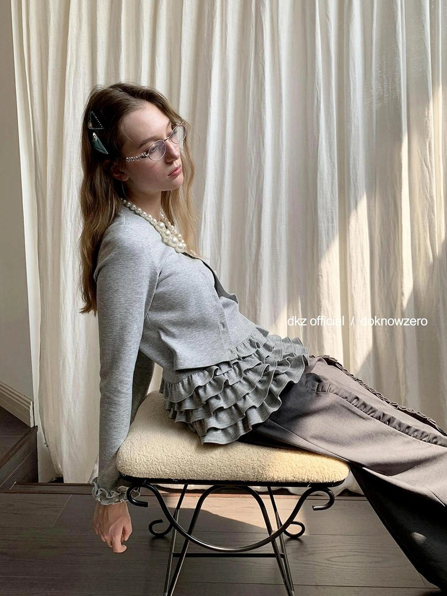 DKZ OFFICIAL Grey Peplum Hem Knit Cardigan Top For Women