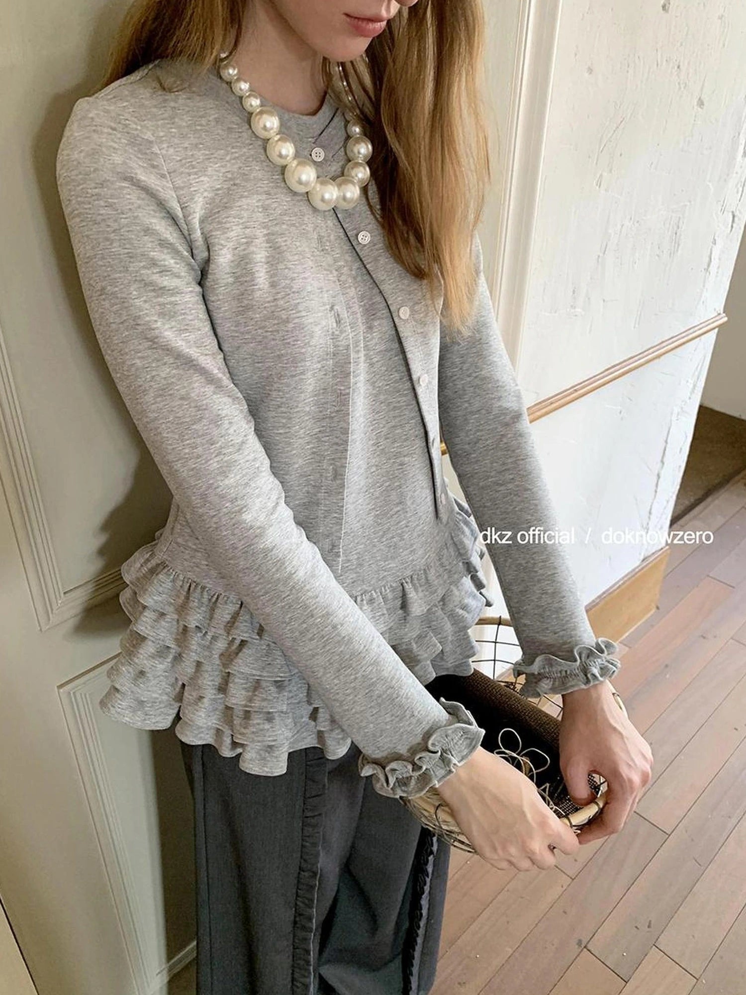 DKZ OFFICIAL Grey Peplum Hem Knit Cardigan Top For Women