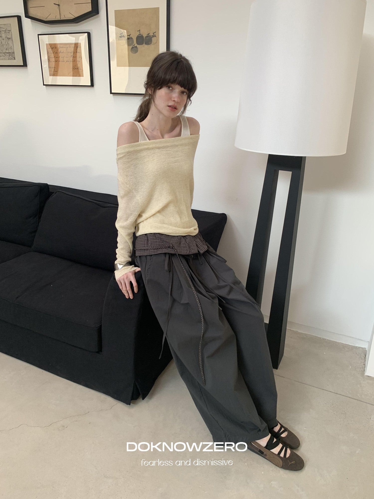 DKZ OFFICIAL Grey Plaid Spliced Foldover Waist Relaxed Women&