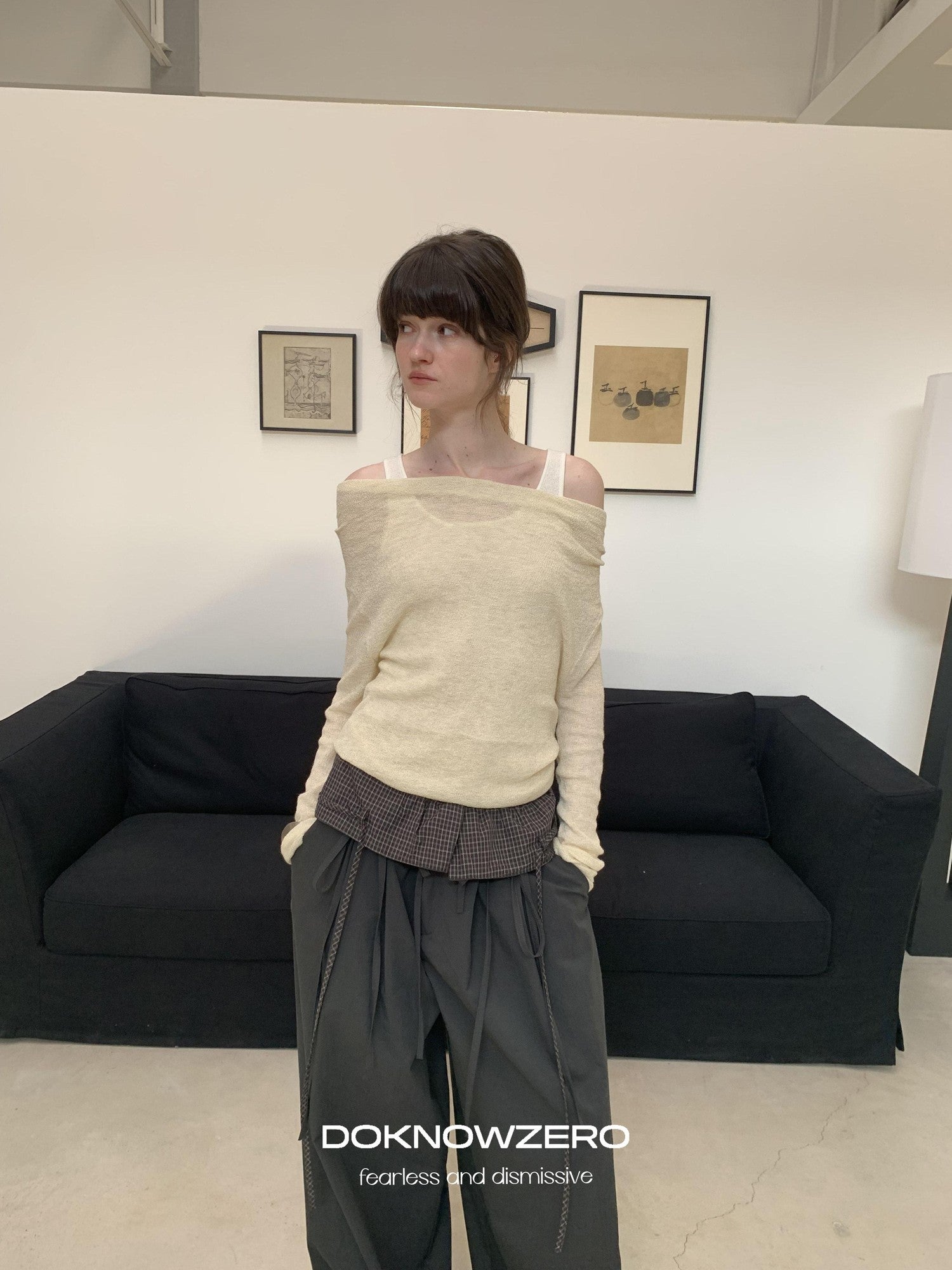 DKZ OFFICIAL Grey Plaid Spliced Foldover Waist Relaxed Women&