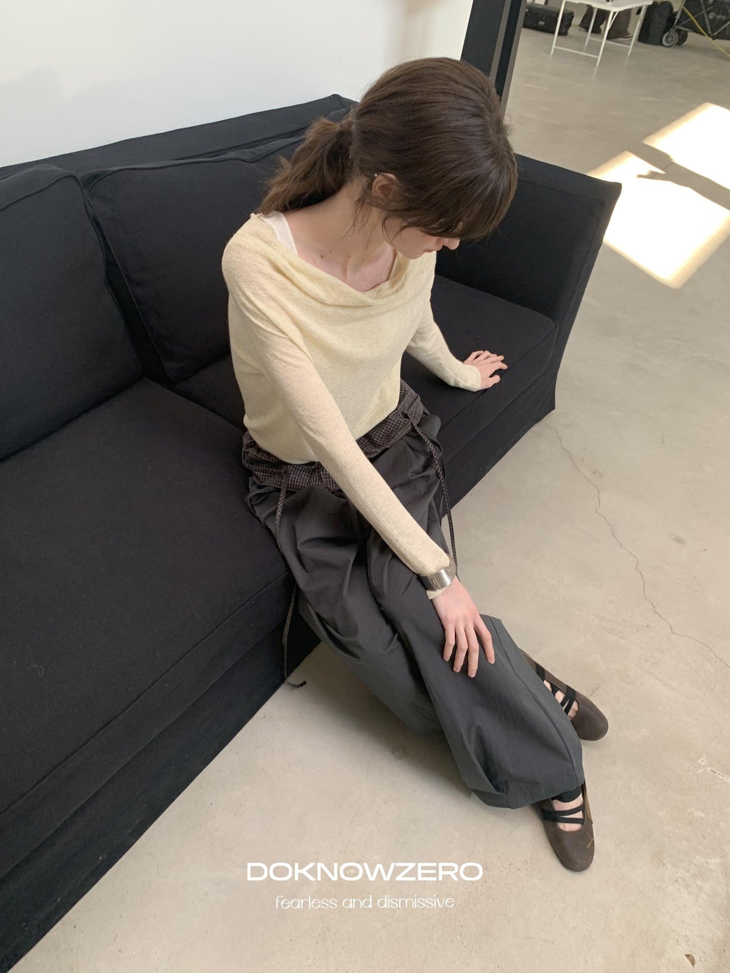 DKZ OFFICIAL Grey Plaid Spliced Foldover Waist Relaxed Women&