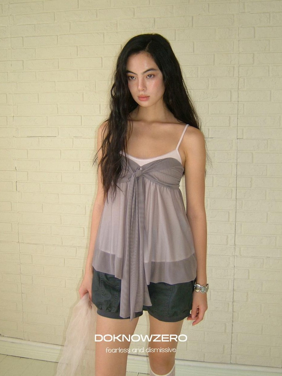 DKZ OFFICIAL Grey Purple Twist Knot Mesh Asymmetrical V-neck Women&