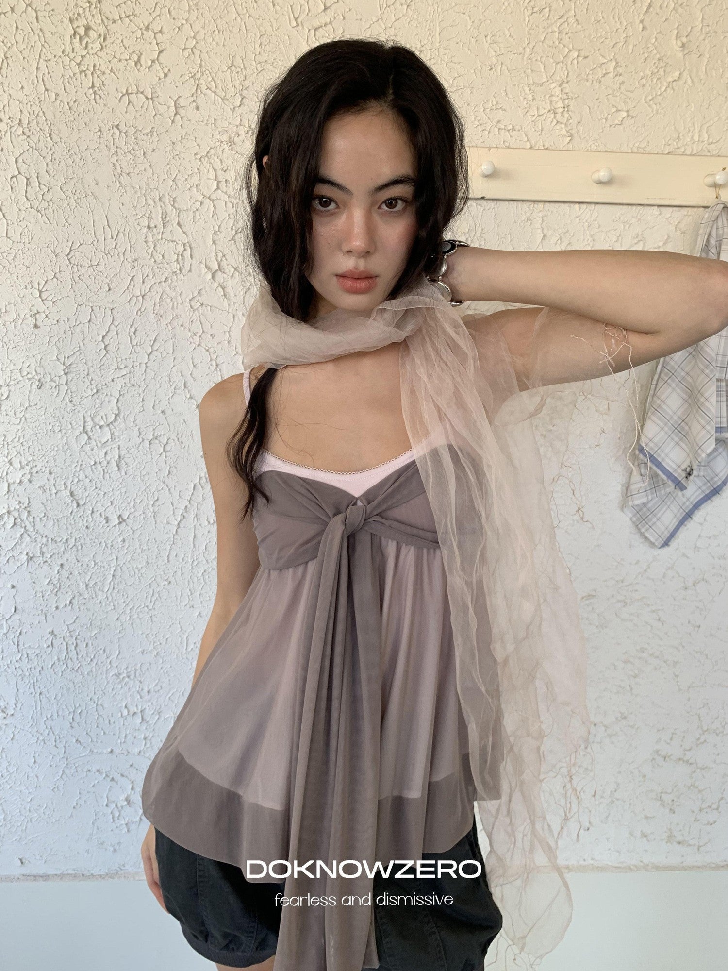 DKZ OFFICIAL Grey Purple Twist Knot Mesh Asymmetrical V-neck Women&