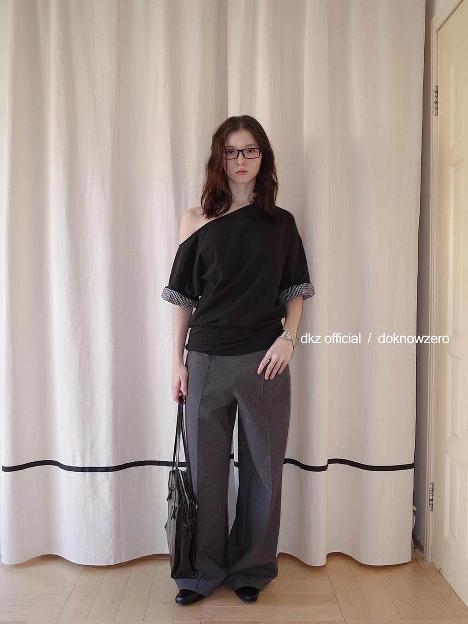 DKZ OFFICIAL Grey Wide Leg Checkered Cuff Trousers For Women