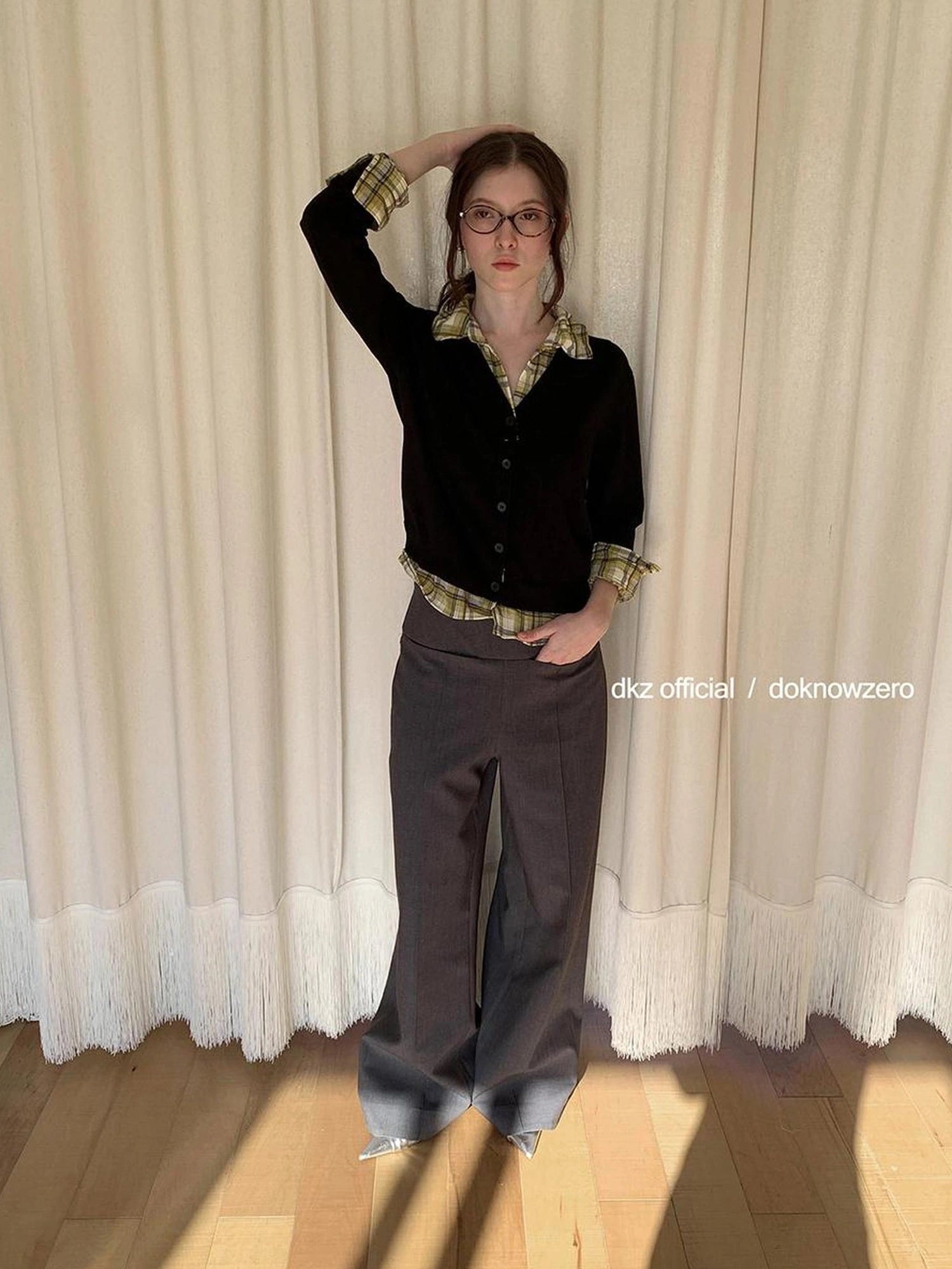 DKZ OFFICIAL Grey Wide Leg Checkered Cuff Trousers For Women
