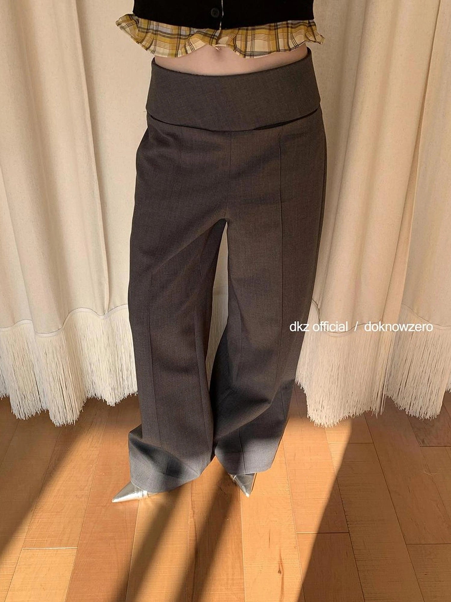 DKZ OFFICIAL Grey Wide Leg Checkered Cuff Trousers For Women