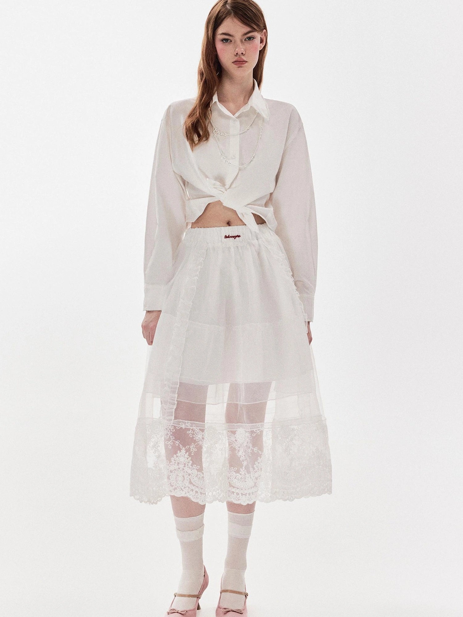 DKZ OFFICIAL Heavy Embroidered Lace Sheer Mesh Skirt