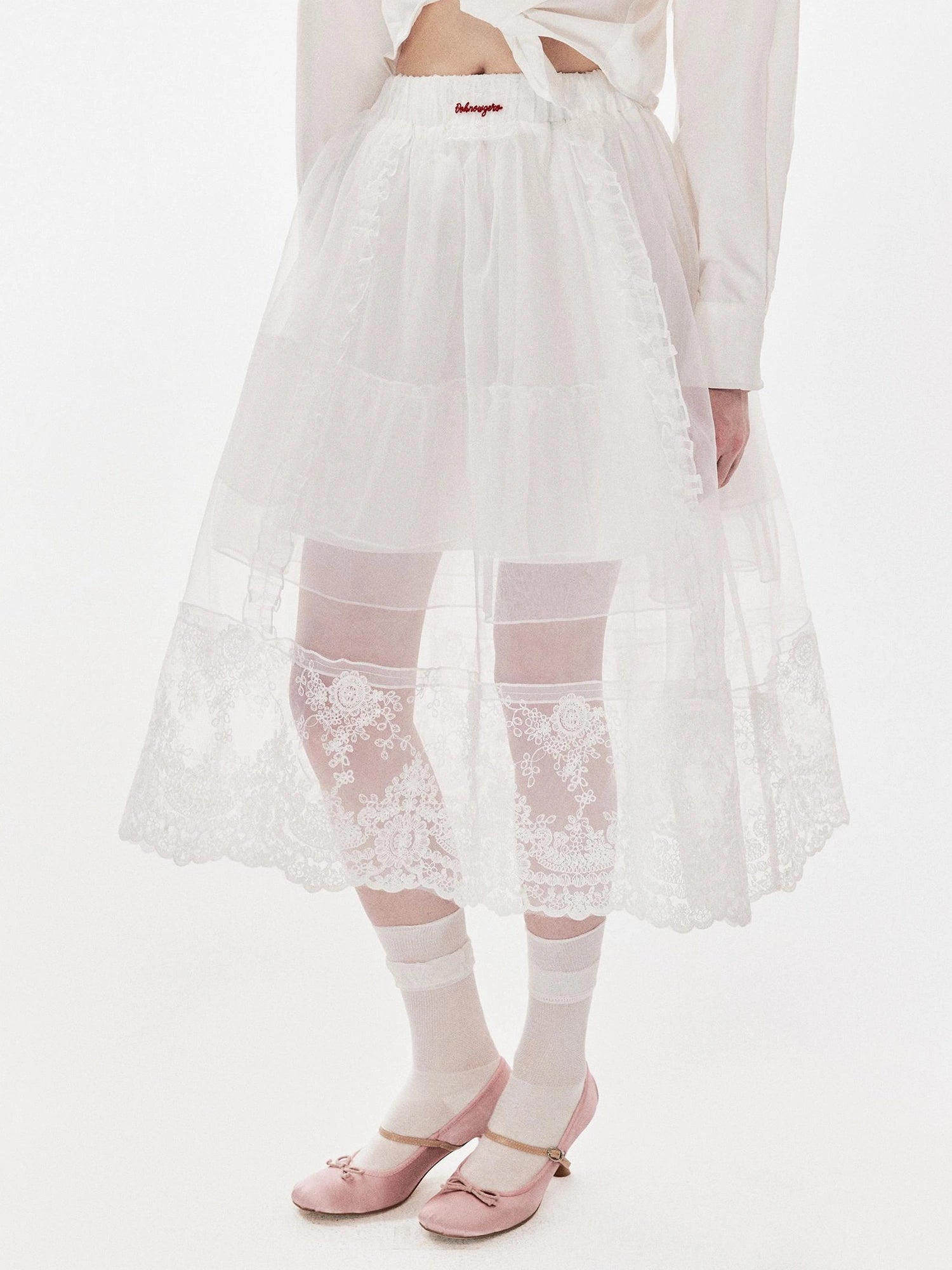 DKZ OFFICIAL Heavy Embroidered Lace Sheer Mesh Skirt