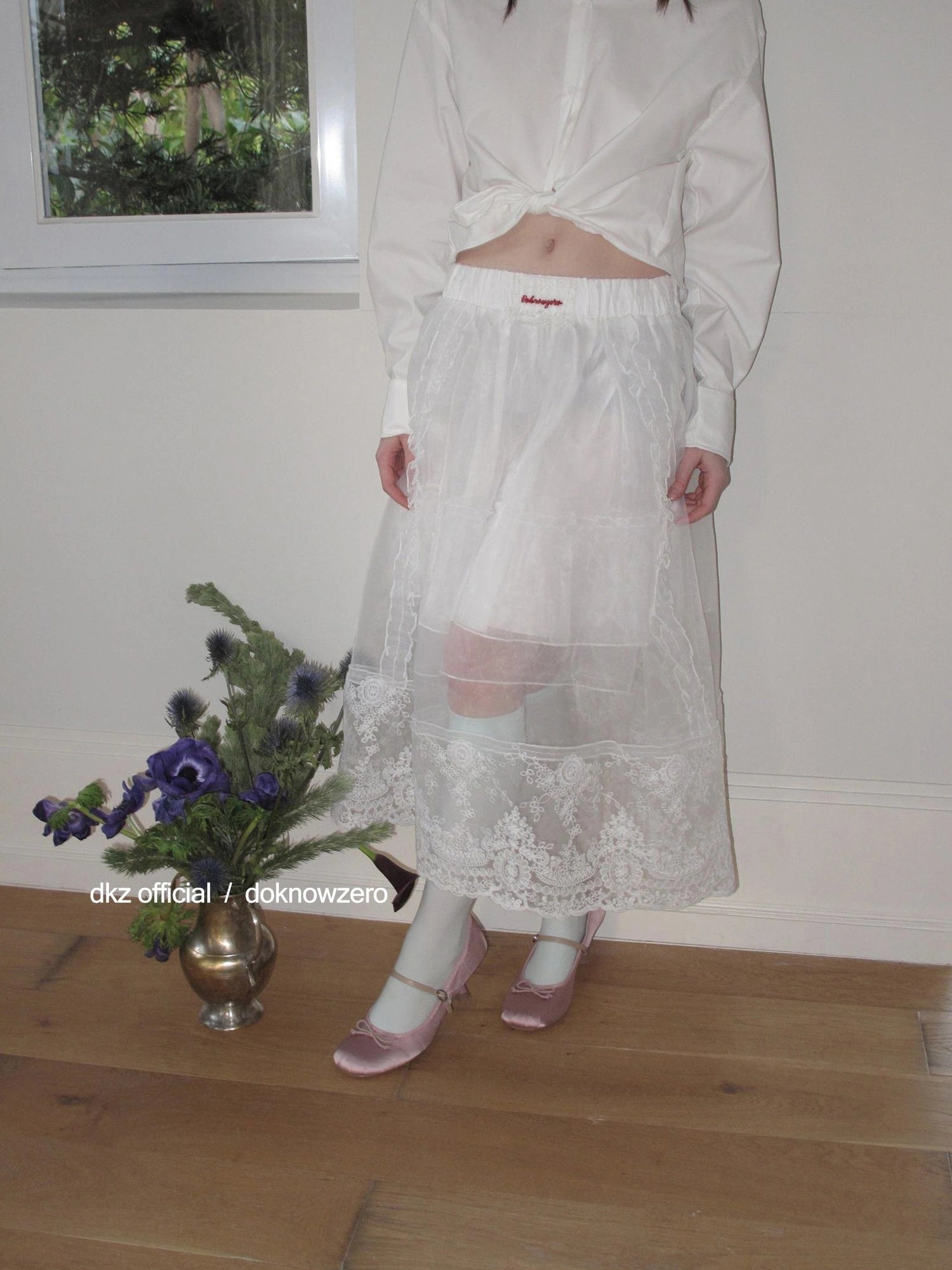 DKZ OFFICIAL Heavy Embroidered Lace Sheer Mesh Skirt