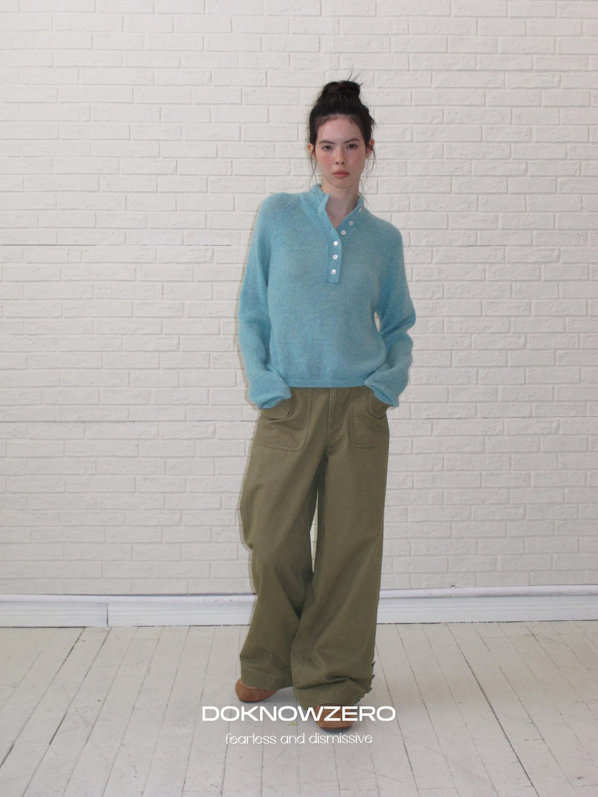 DKZ OFFICIAL Henley Mock Neck Cropped Boxy Knit Wool Alpaca Blend Women&