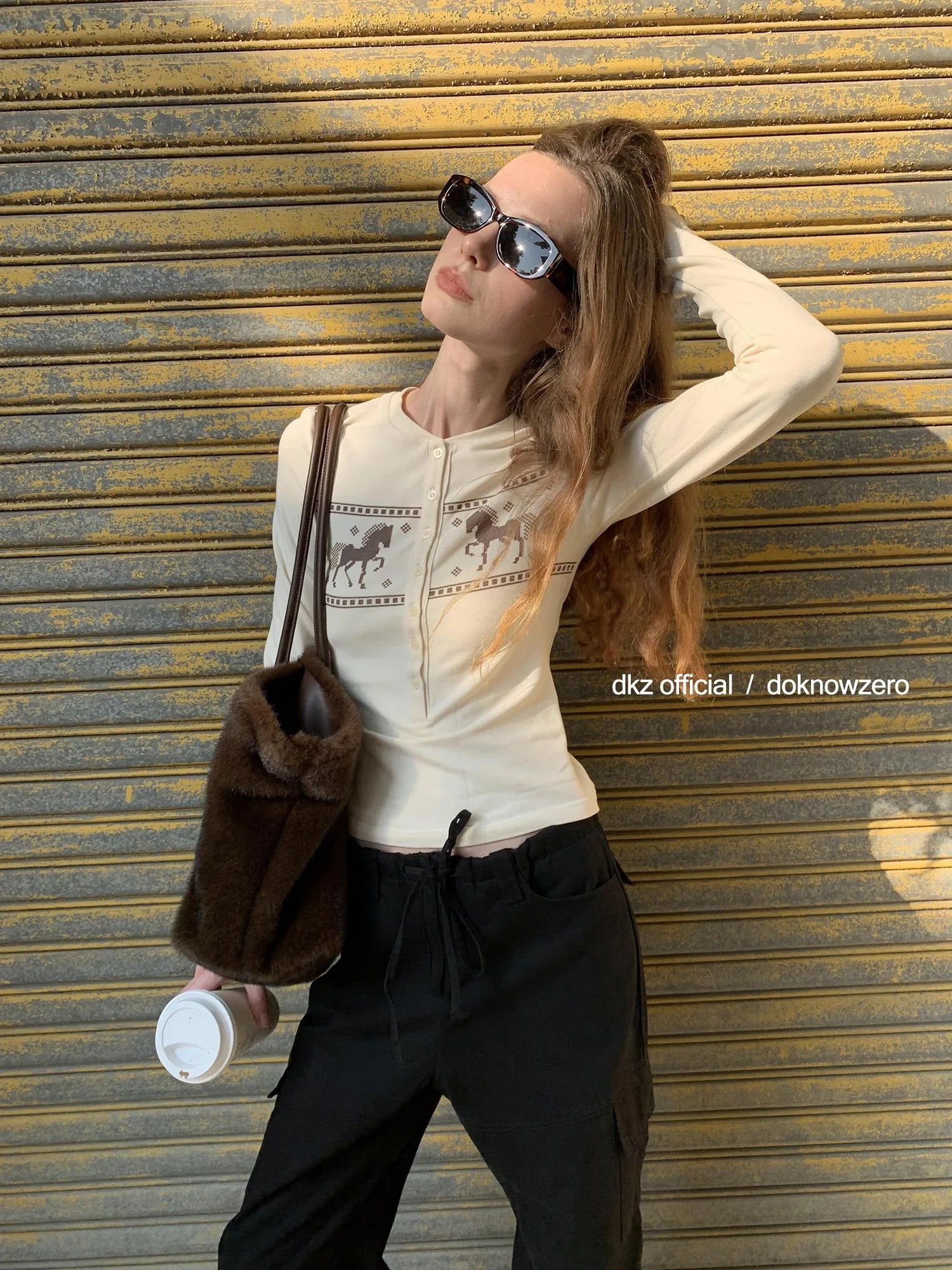 DKZ OFFICIAL Henley Neck Long Sleeve T-shirt With Fun Pixel Print