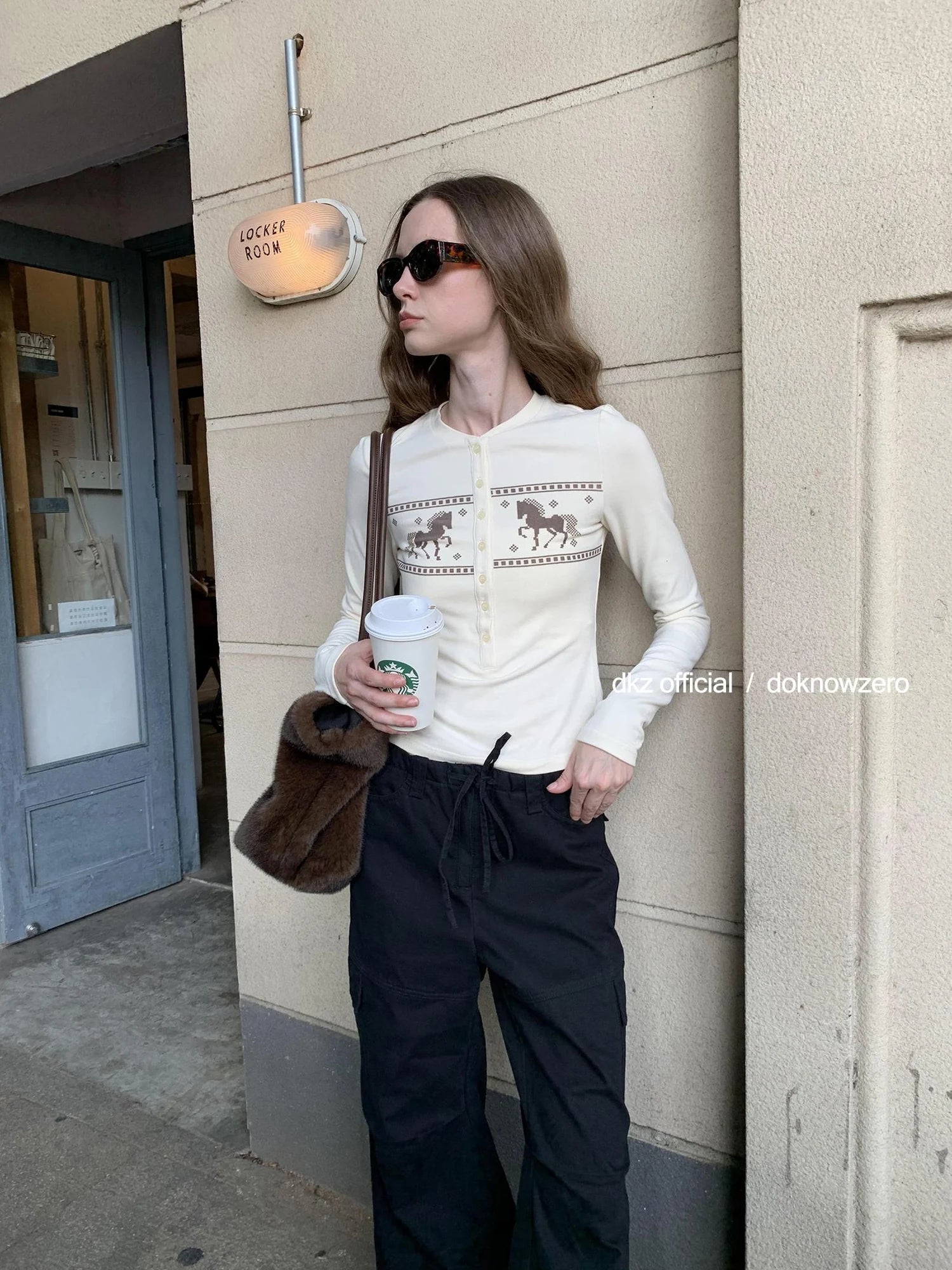 DKZ OFFICIAL Henley Neck Long Sleeve T-shirt With Fun Pixel Print