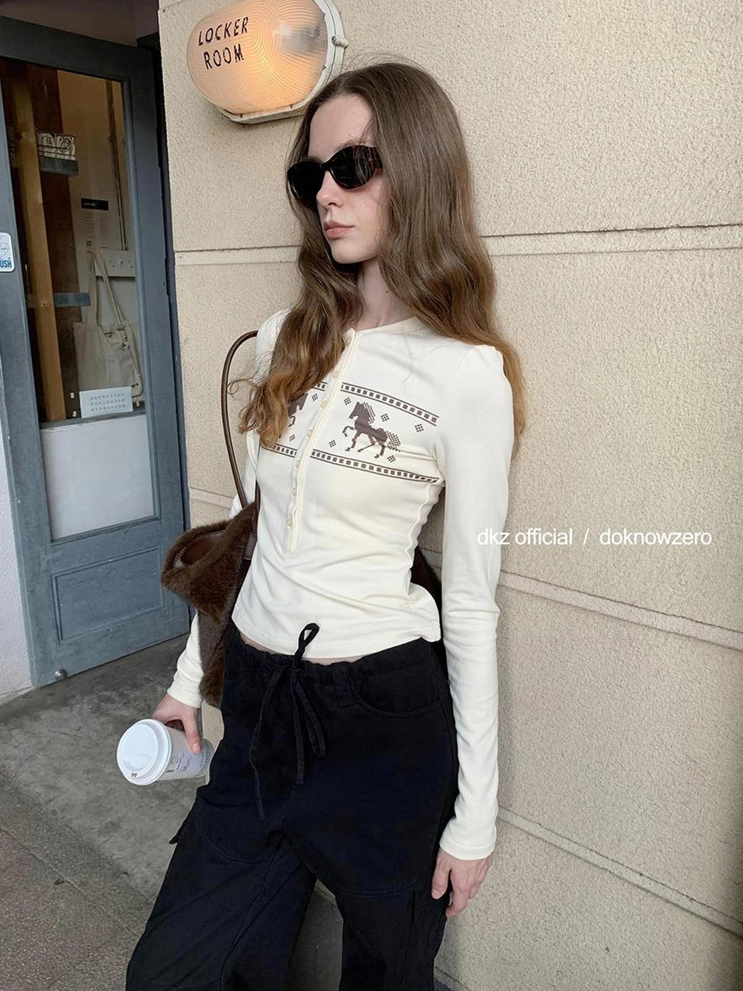 DKZ OFFICIAL Henley Neck Long Sleeve T-shirt With Fun Pixel Print
