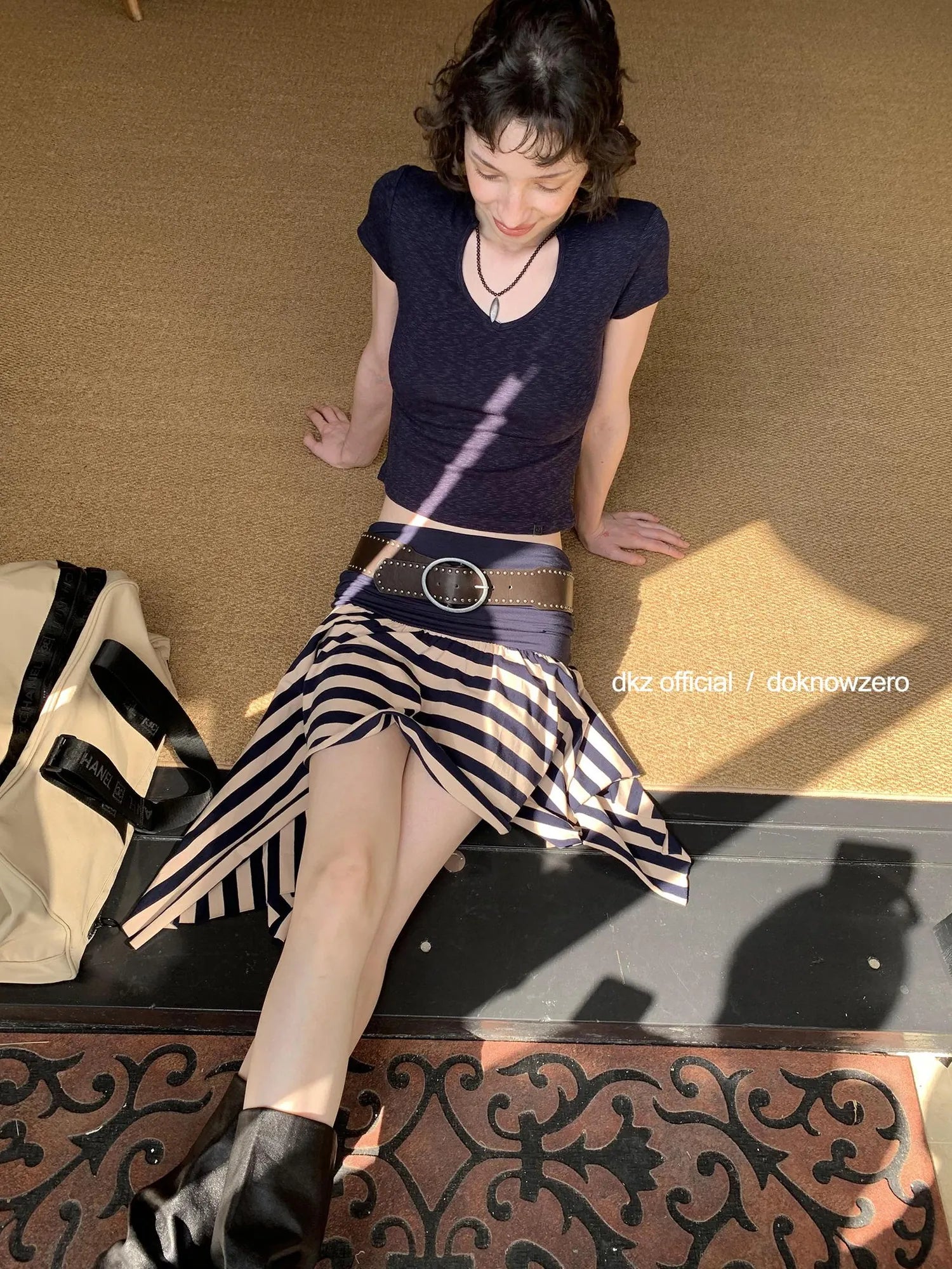 DKZ OFFICIAL Irregular Stripe Layering Skirt With Asymmetric Hem