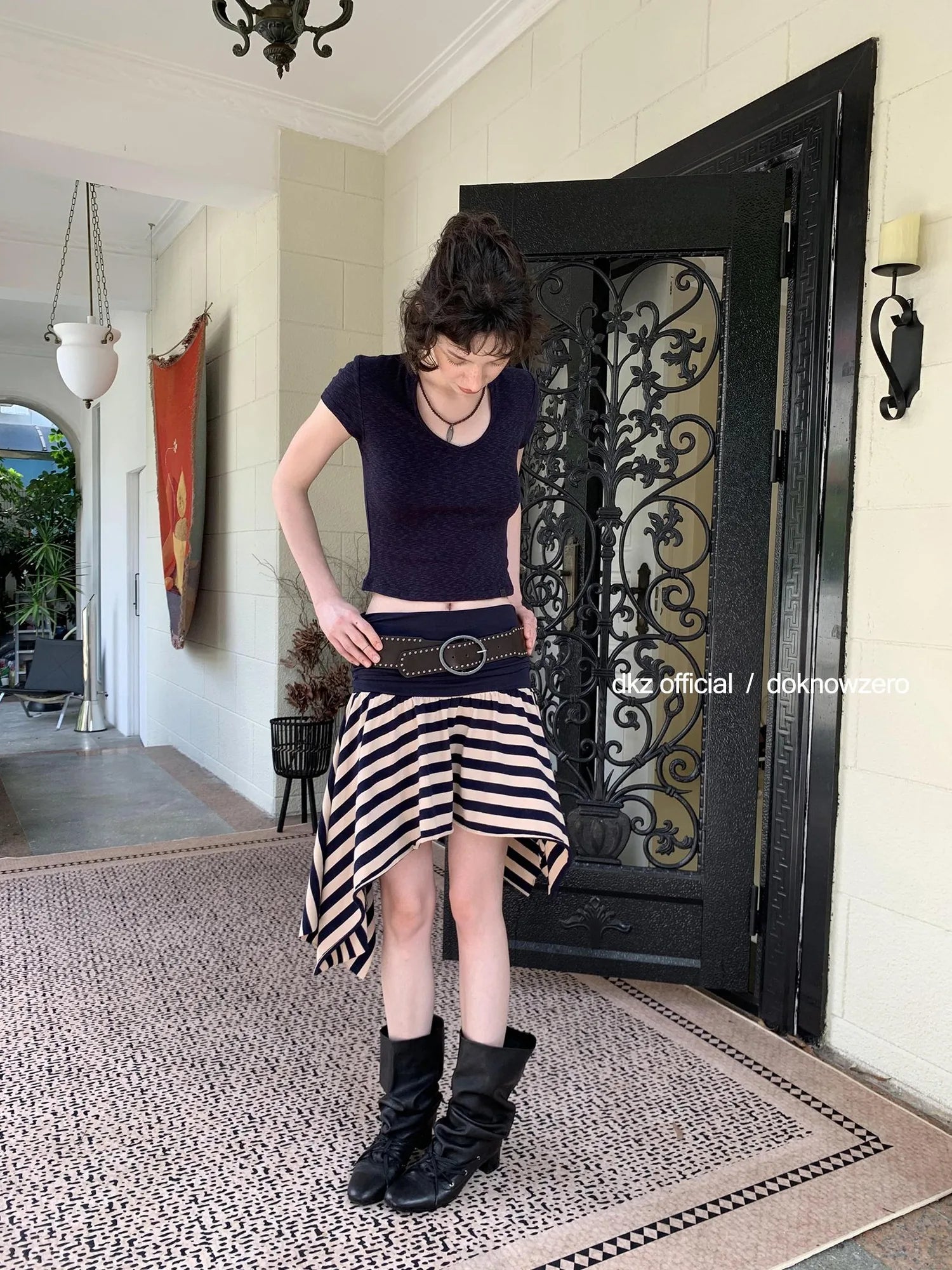DKZ OFFICIAL Irregular Stripe Layering Skirt With Asymmetric Hem